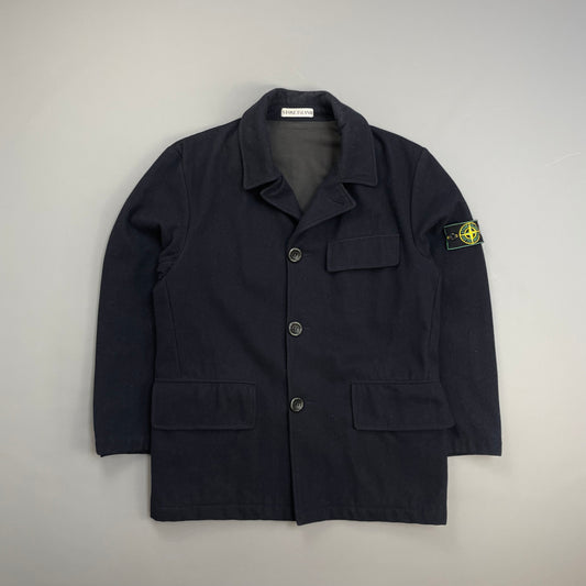 Stone Island Navy AW98 Wool Button-Up Green Edge Badge Overcoat