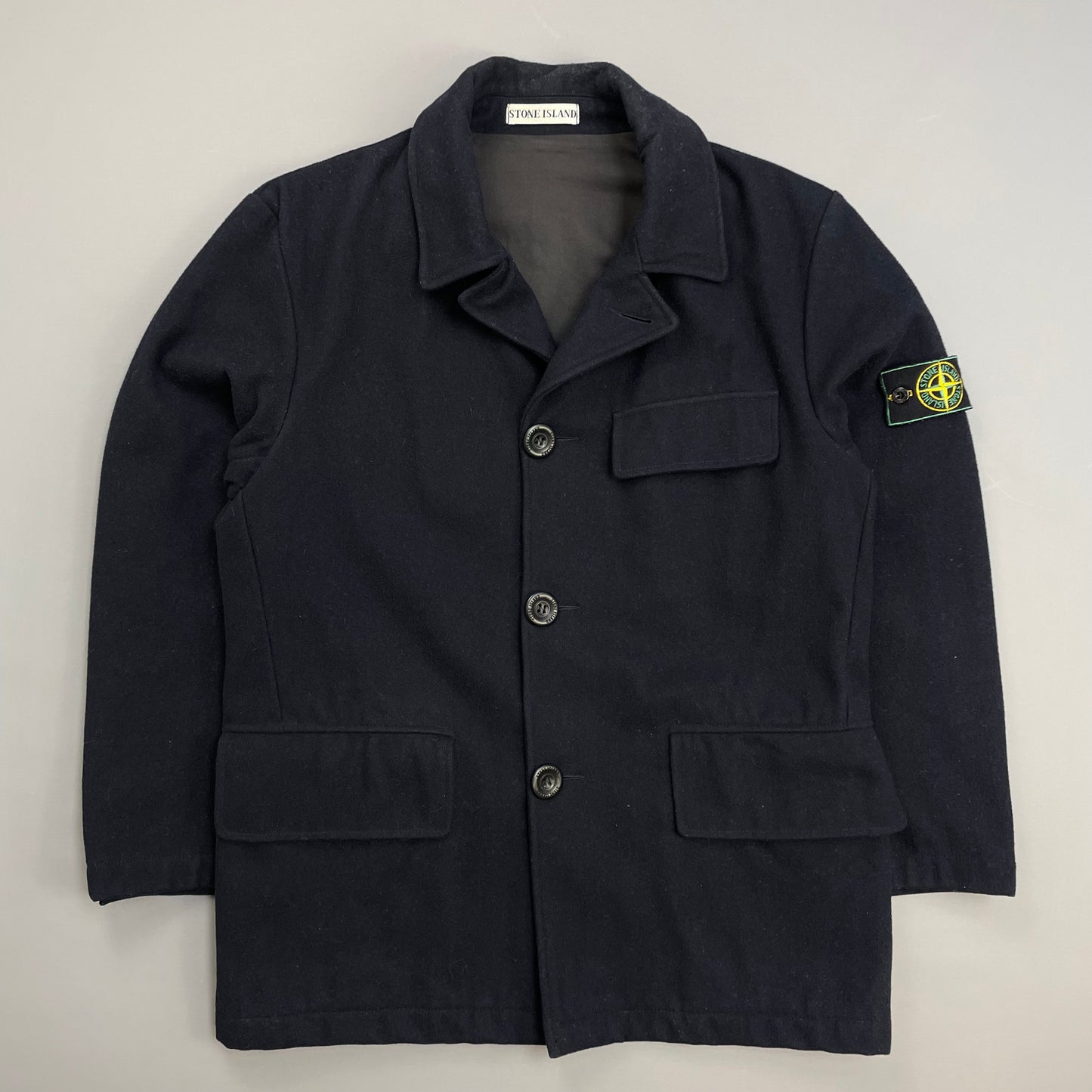 Stone Island Navy AW98 Wool Button-Up Green Edge Badge Overcoat