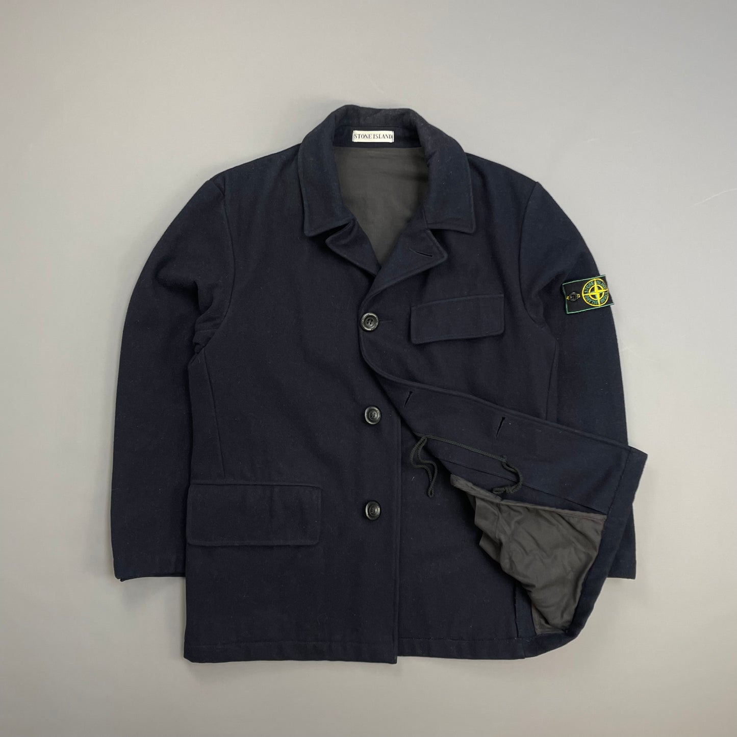 Stone Island Navy AW98 Wool Button-Up Green Edge Badge Overcoat