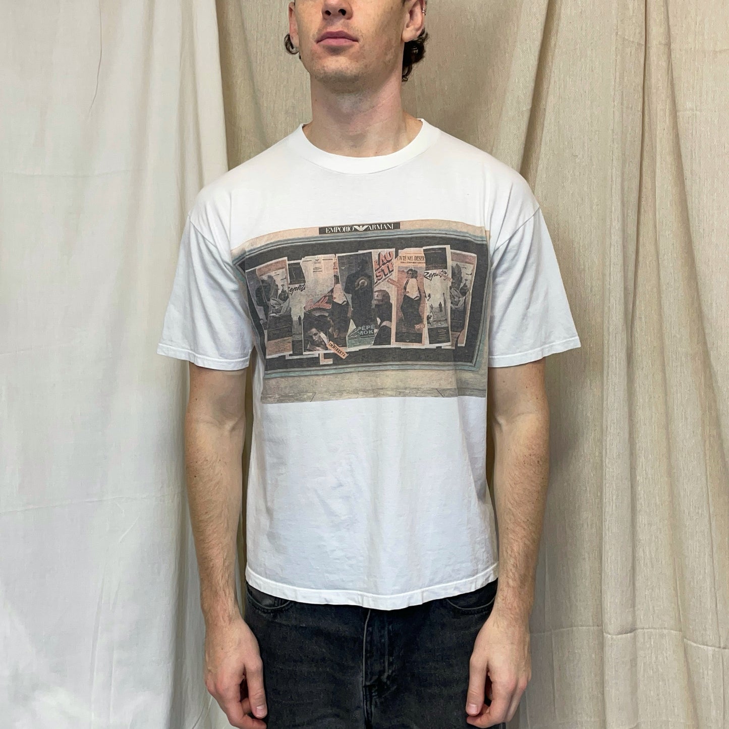 Emporio Armani White 90s Newspaper Print Graphic Tee