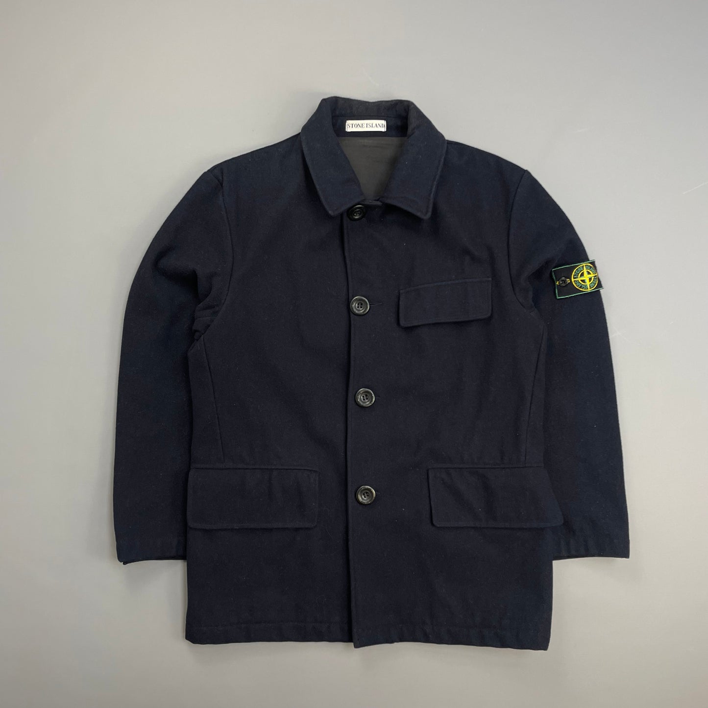 Stone Island Navy AW98 Wool Button-Up Green Edge Badge Overcoat
