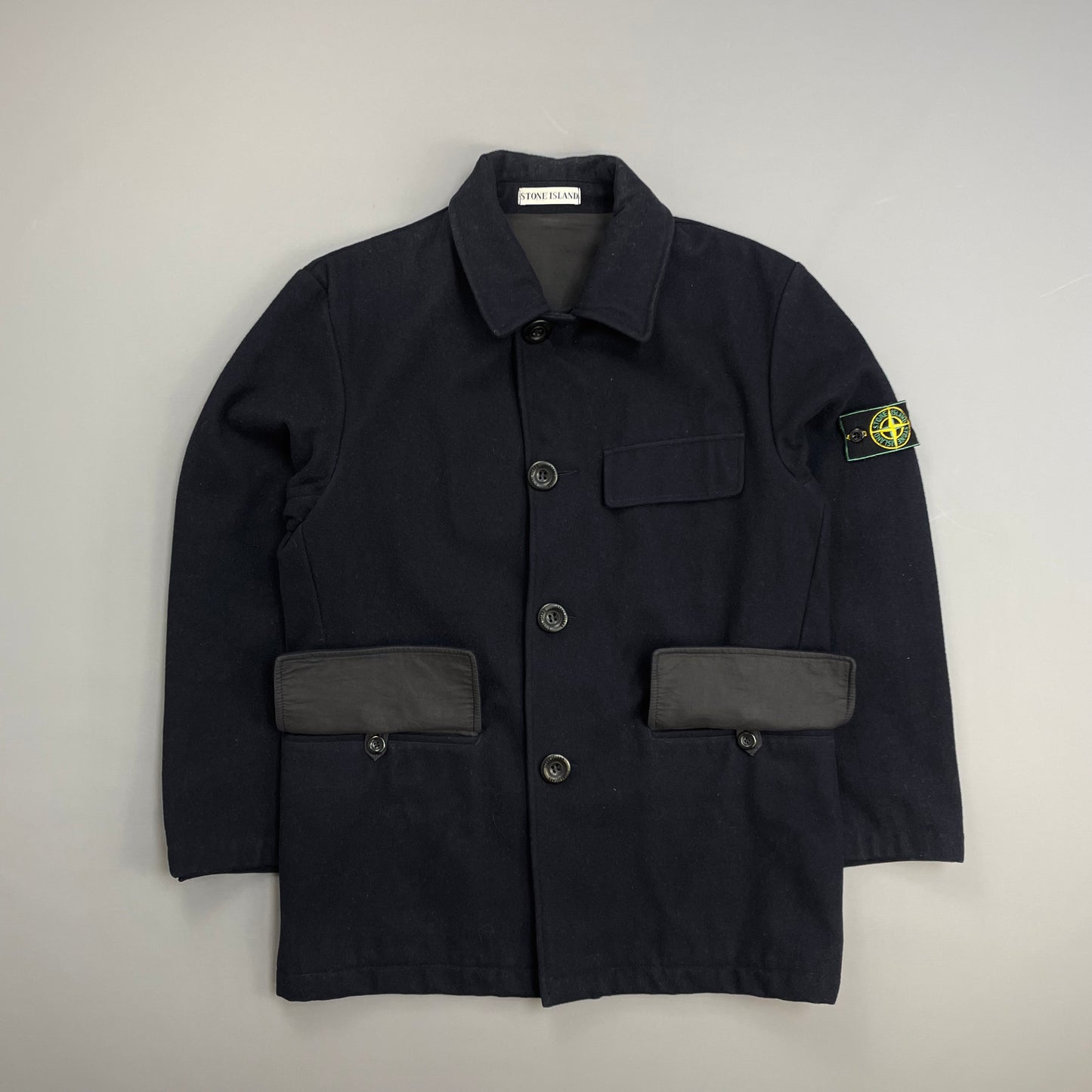 Stone Island Navy AW98 Wool Button-Up Green Edge Badge Overcoat
