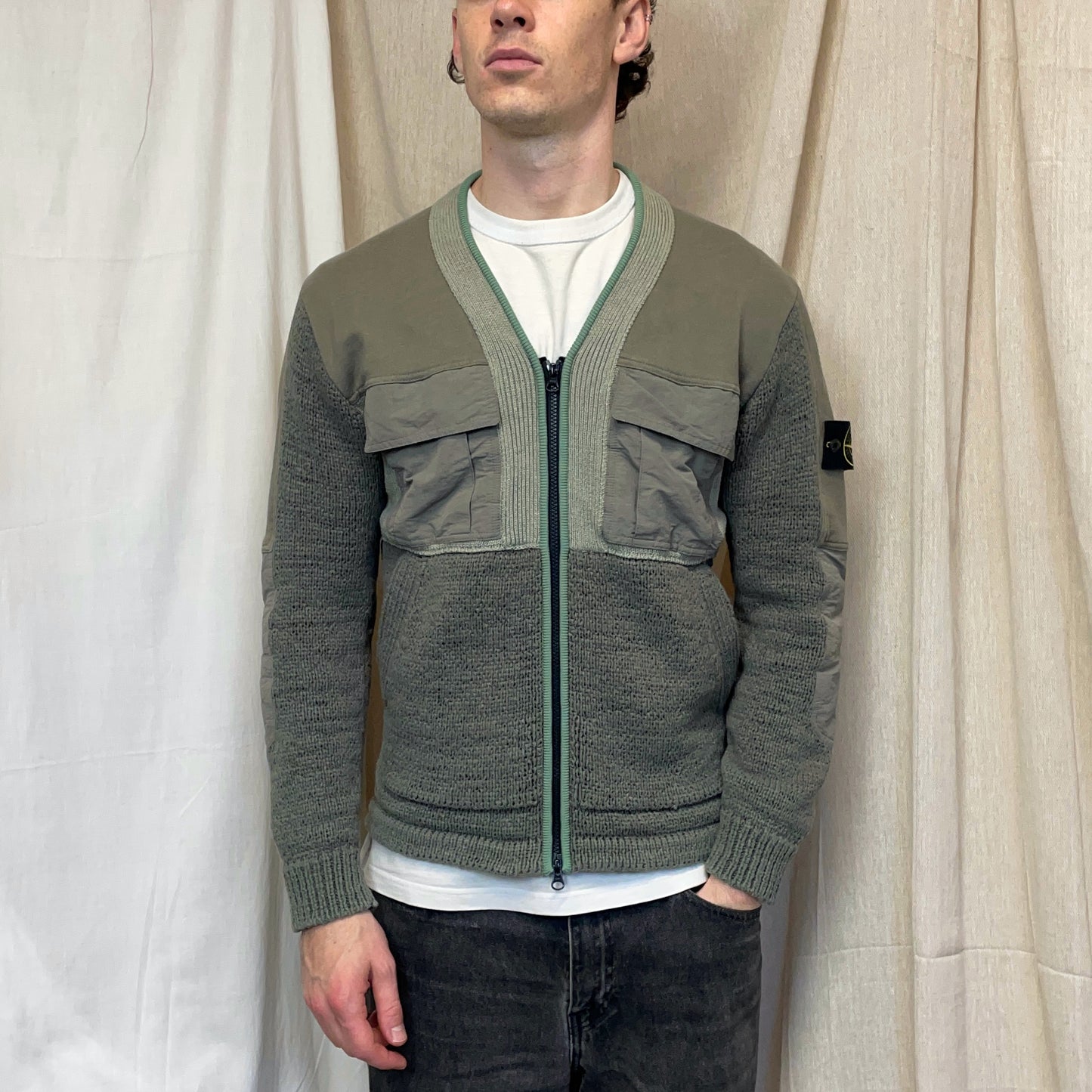Stone Island Green SS19 Knit Panelled Cardigan Jacket