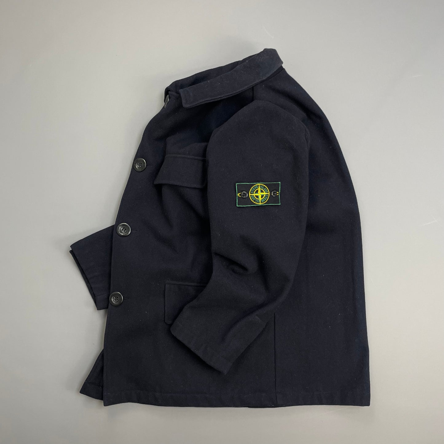 Stone Island Navy AW98 Wool Button-Up Green Edge Badge Overcoat