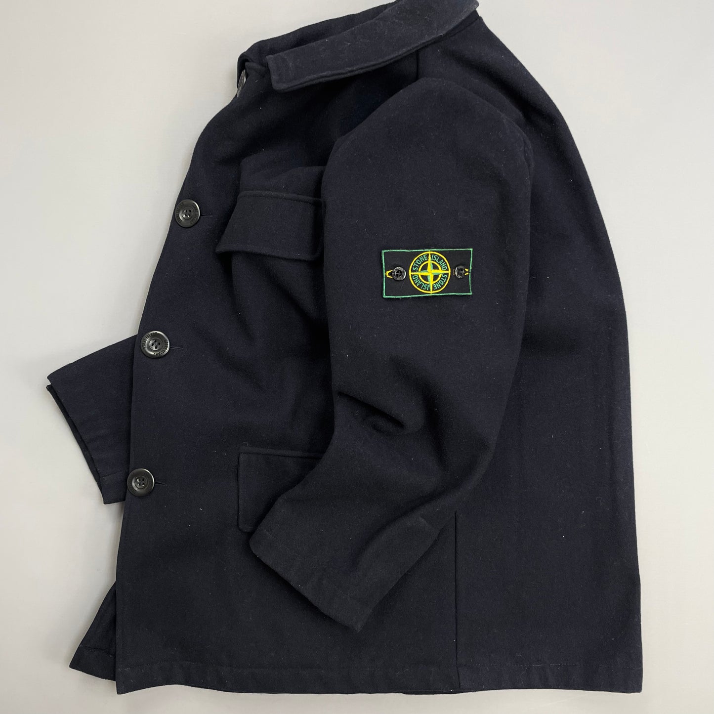 Stone Island Navy AW98 Wool Button-Up Green Edge Badge Overcoat