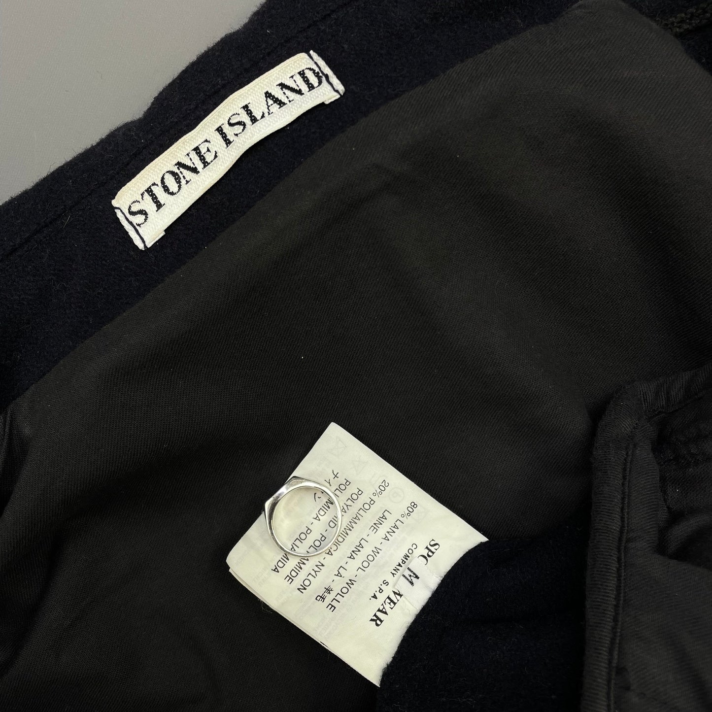Stone Island Navy AW98 Wool Button-Up Green Edge Badge Overcoat