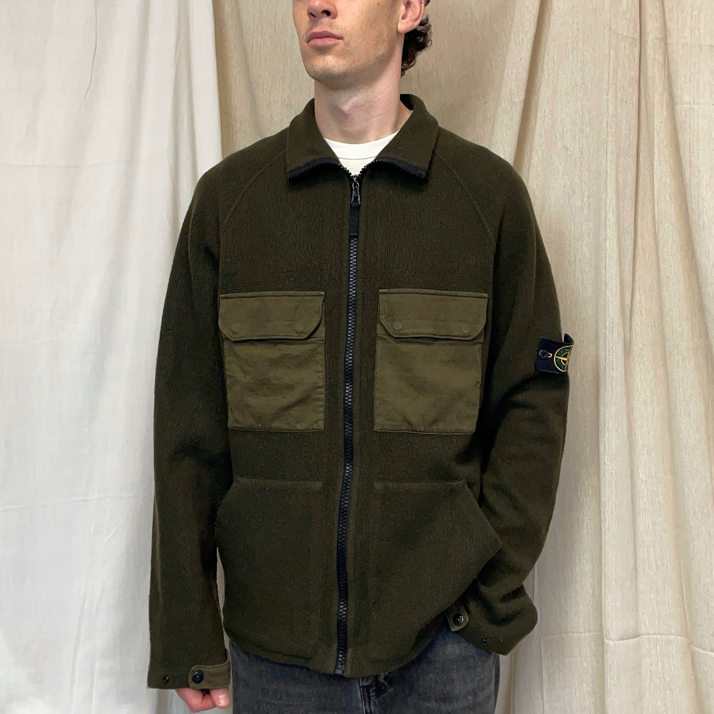 Stone Island Khaki Green AW05 Wool Blend Knit Zip-Through Jacket