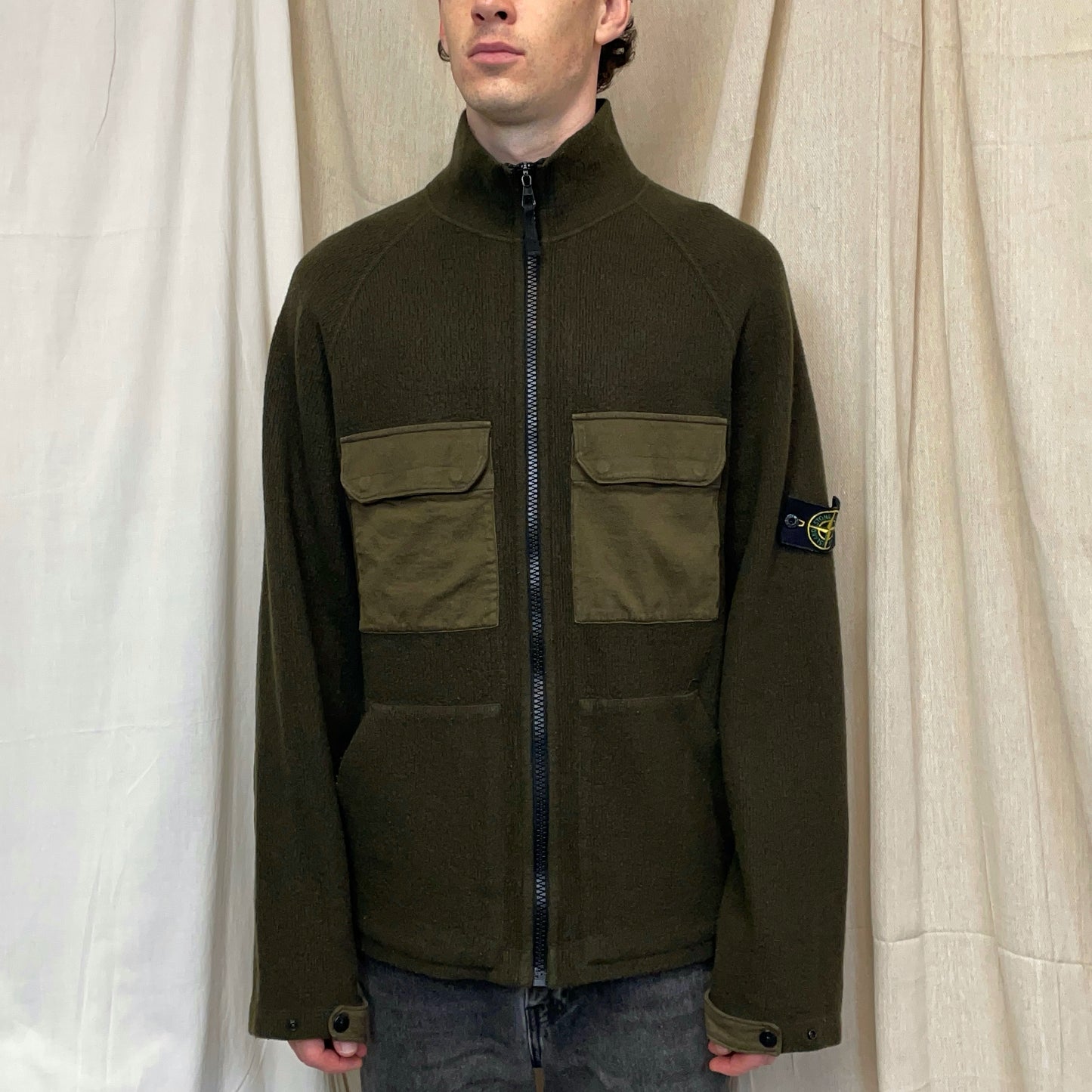 Stone Island Khaki Green AW05 Wool Blend Knit Zip-Through Jacket