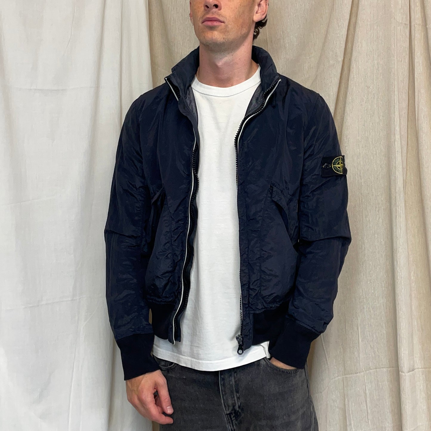 Stone Island Navy SS10 Nylon Metal Concealed Hood Bomber Jacket