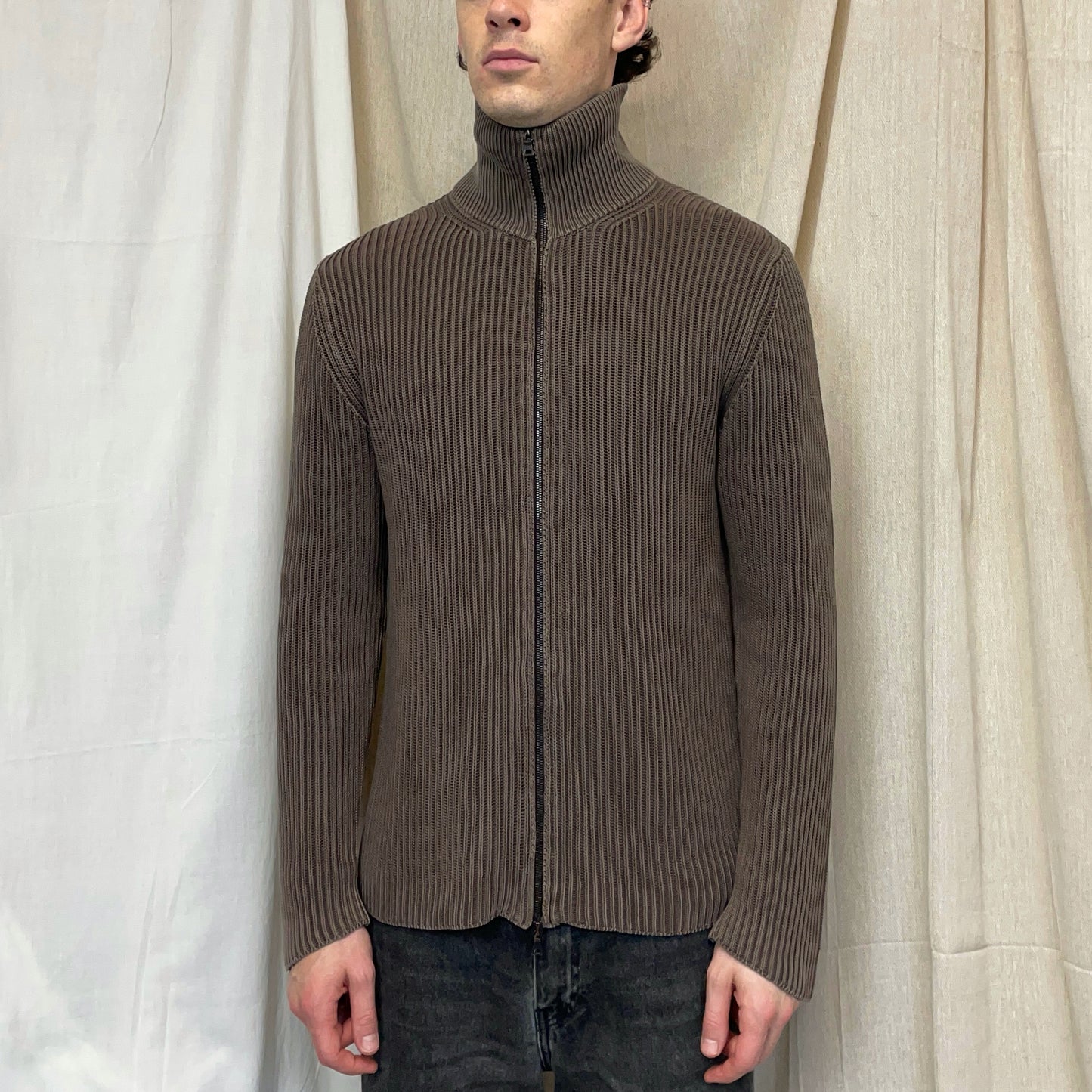Prada Mainline Brown 00s Ribbed Knit Zip-Through Cardigan Jumper