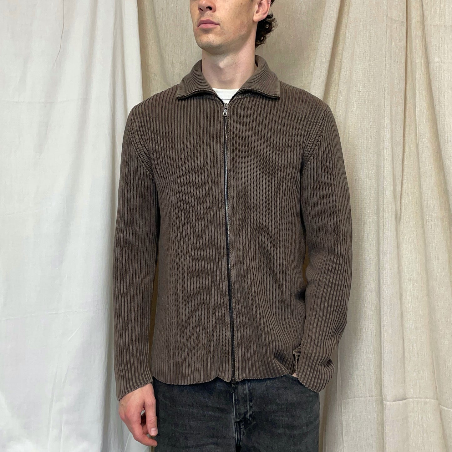 Prada Mainline Brown 00s Ribbed Knit Zip-Through Cardigan Jumper