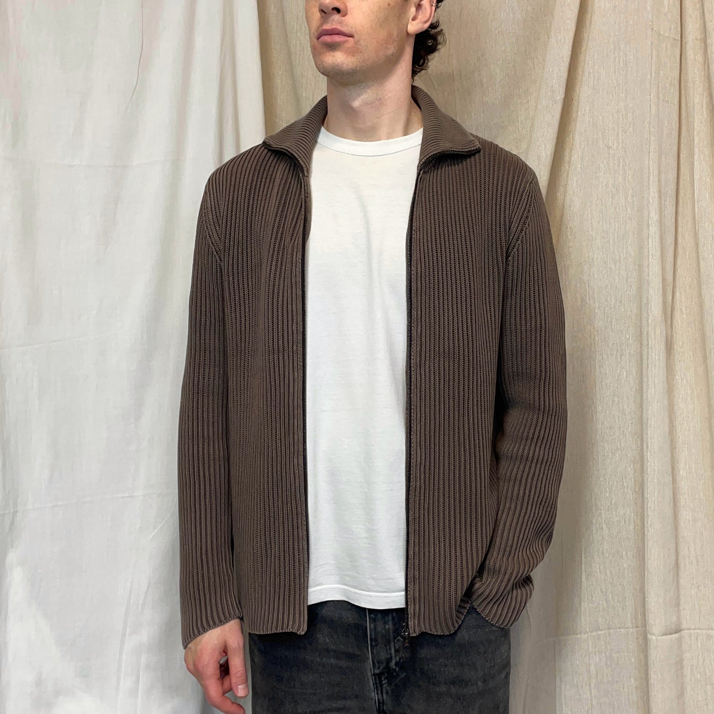 Prada Mainline Brown 00s Ribbed Knit Zip-Through Cardigan Jumper