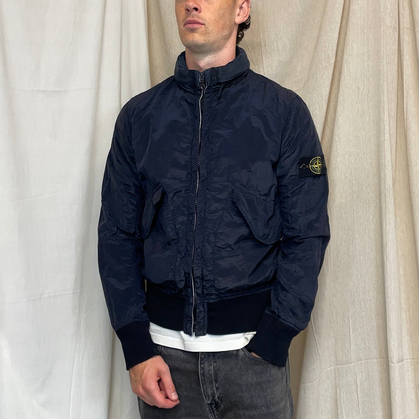 Stone Island Navy SS10 Nylon Metal Concealed Hood Bomber Jacket