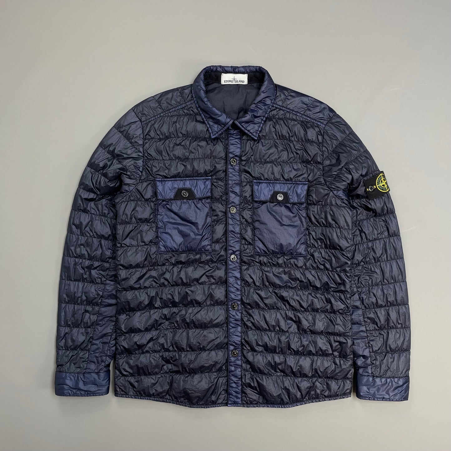 Stone Island Navy Blue SS16 Two-Tone Down Lightweight Puffer Overshirt Jacket