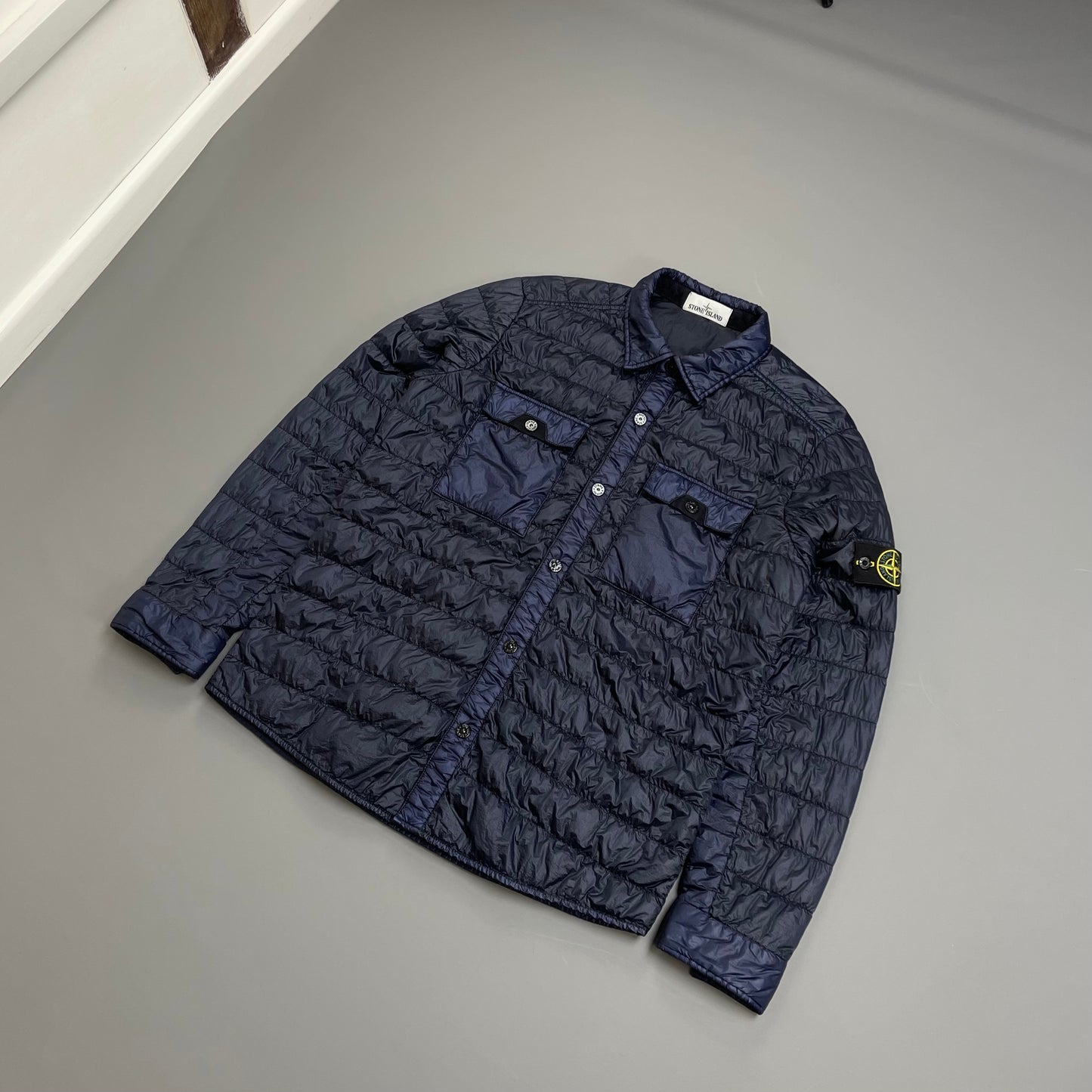 Stone Island Navy Blue SS16 Two-Tone Down Lightweight Puffer Overshirt Jacket