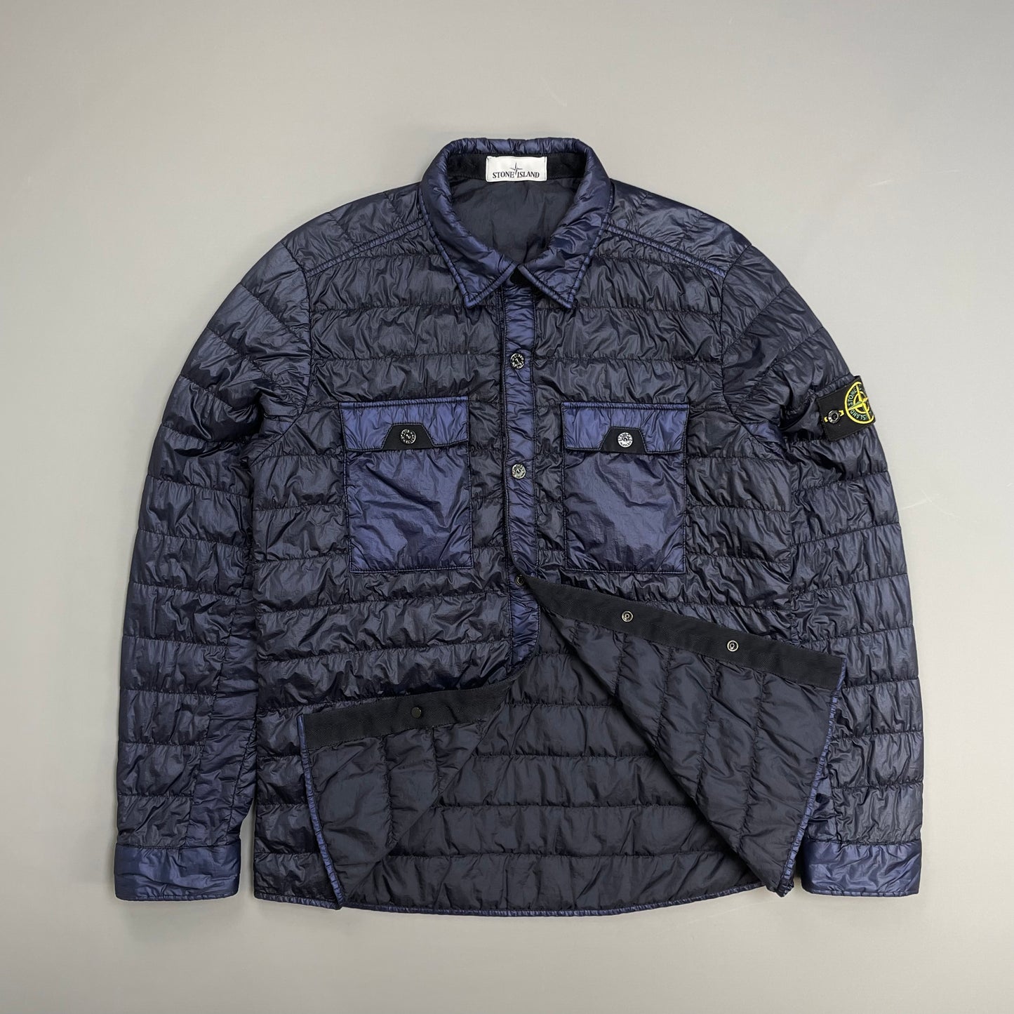 Stone Island Navy Blue SS16 Two-Tone Down Lightweight Puffer Overshirt Jacket