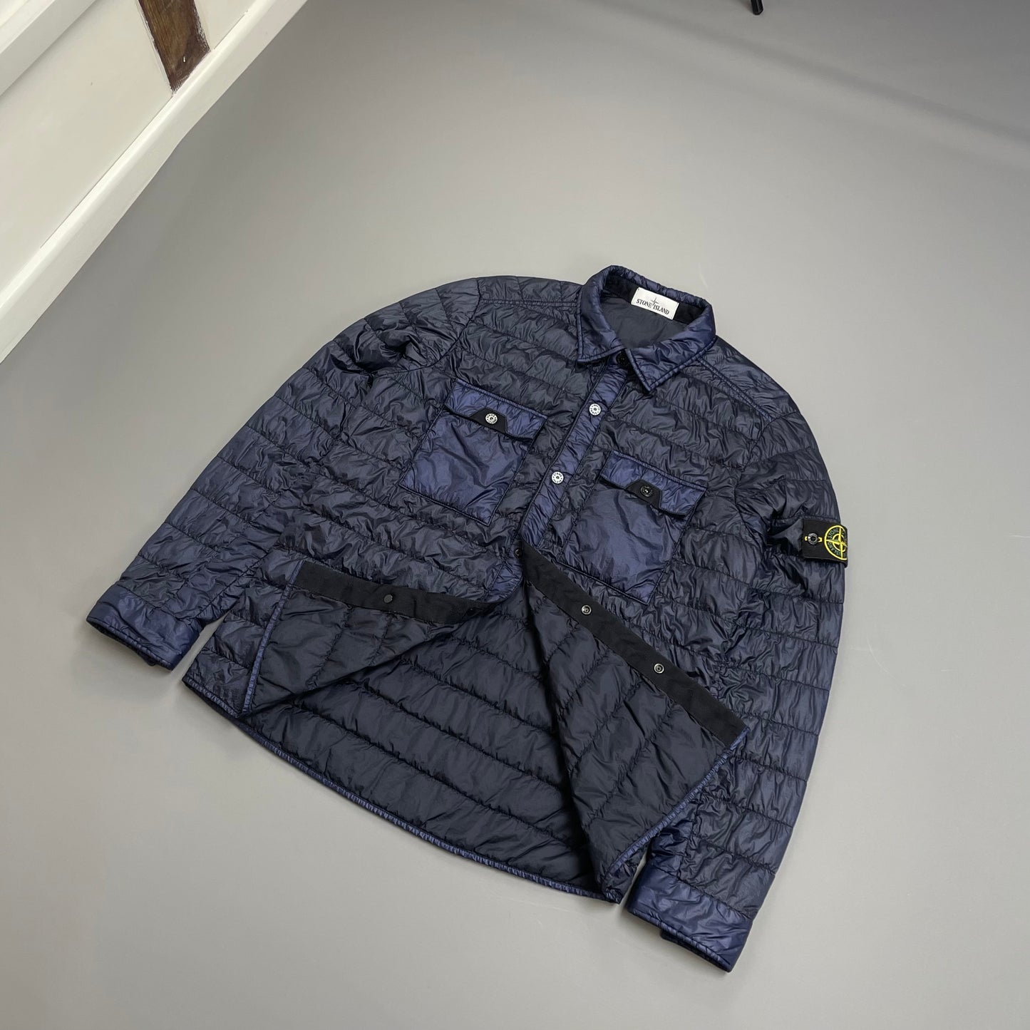 Stone Island Navy Blue SS16 Two-Tone Down Lightweight Puffer Overshirt Jacket