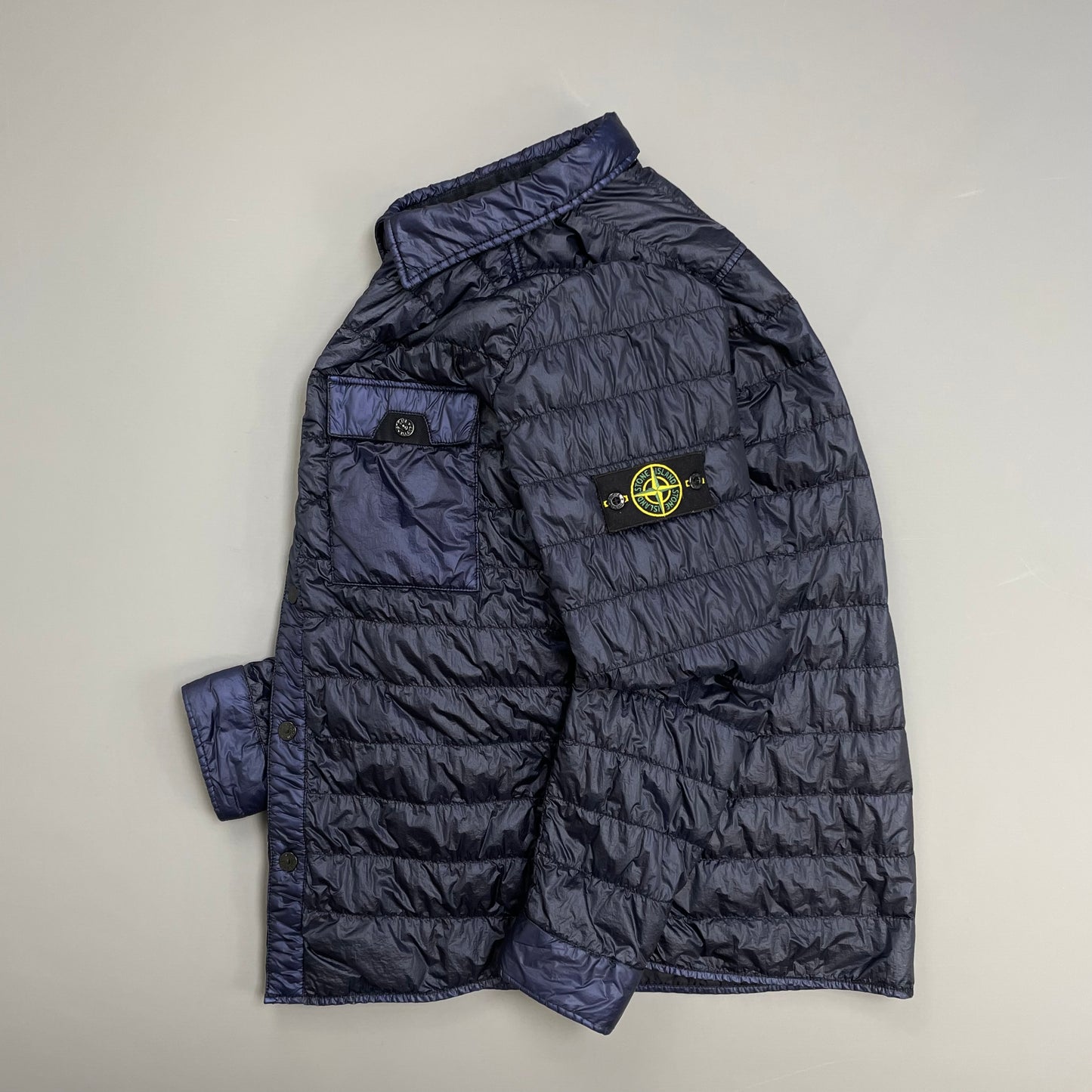 Stone Island Navy Blue SS16 Two-Tone Down Lightweight Puffer Overshirt Jacket