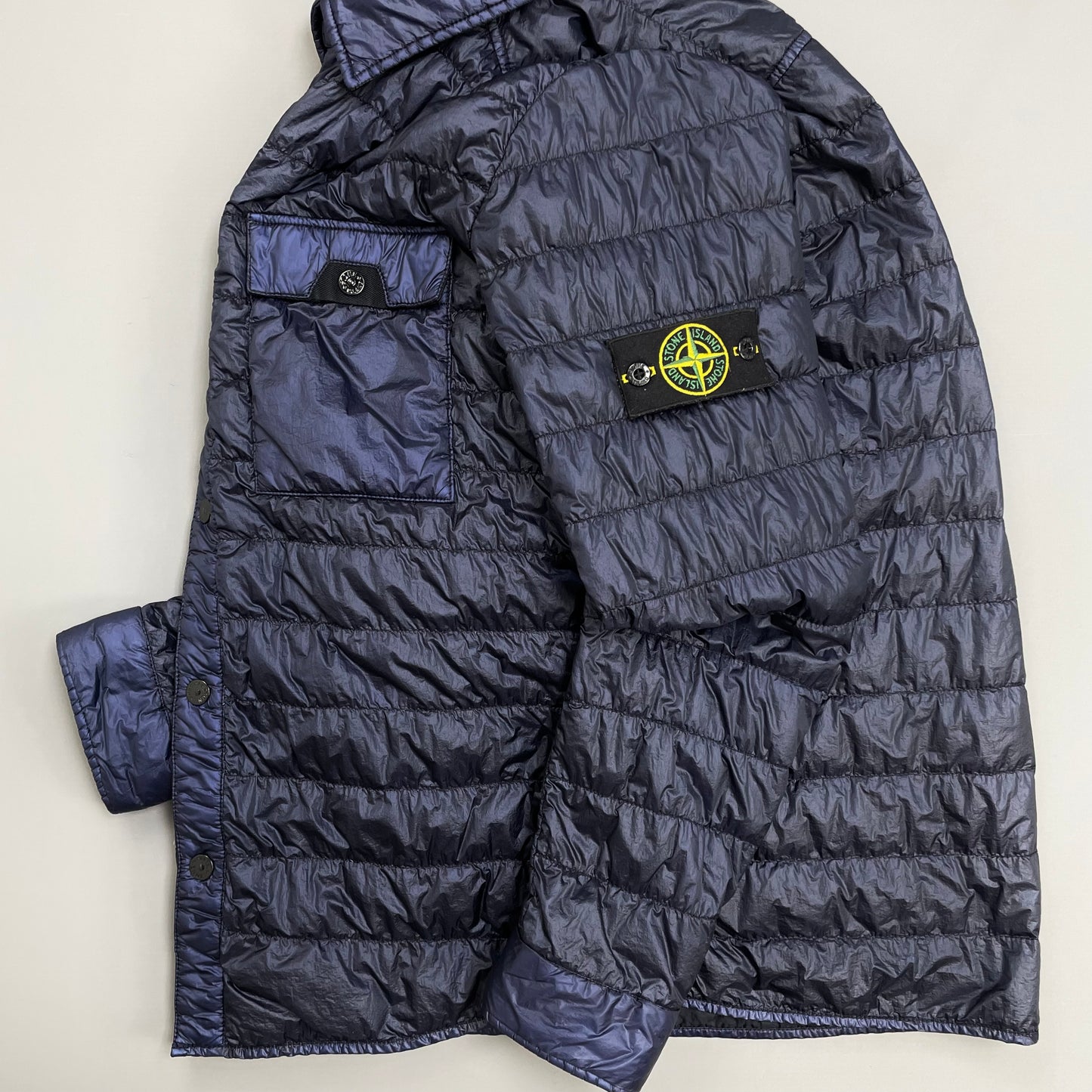 Stone Island Navy Blue SS16 Two-Tone Down Lightweight Puffer Overshirt Jacket