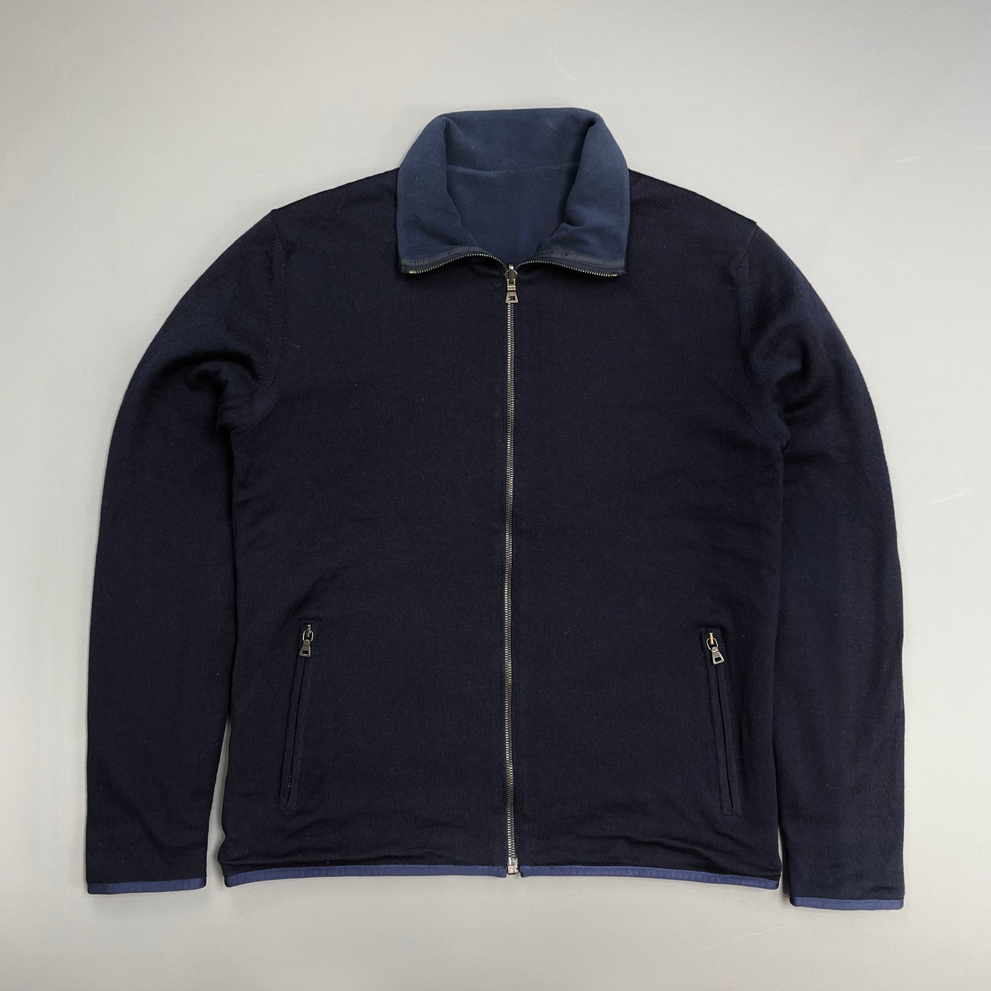 Prada Sport Navy Blue 2012 Reversible Fleece & Wool Knit Zip Cardigan Jacket