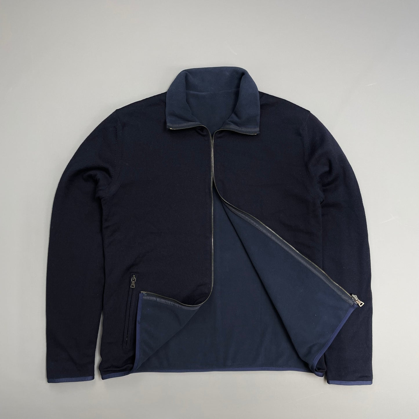 Prada Sport Navy Blue 2012 Reversible Fleece & Wool Knit Zip Cardigan Jacket