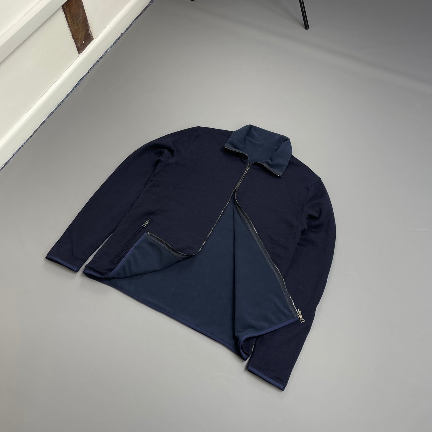 Prada Sport Navy Blue 2012 Reversible Fleece & Wool Knit Zip Cardigan Jacket