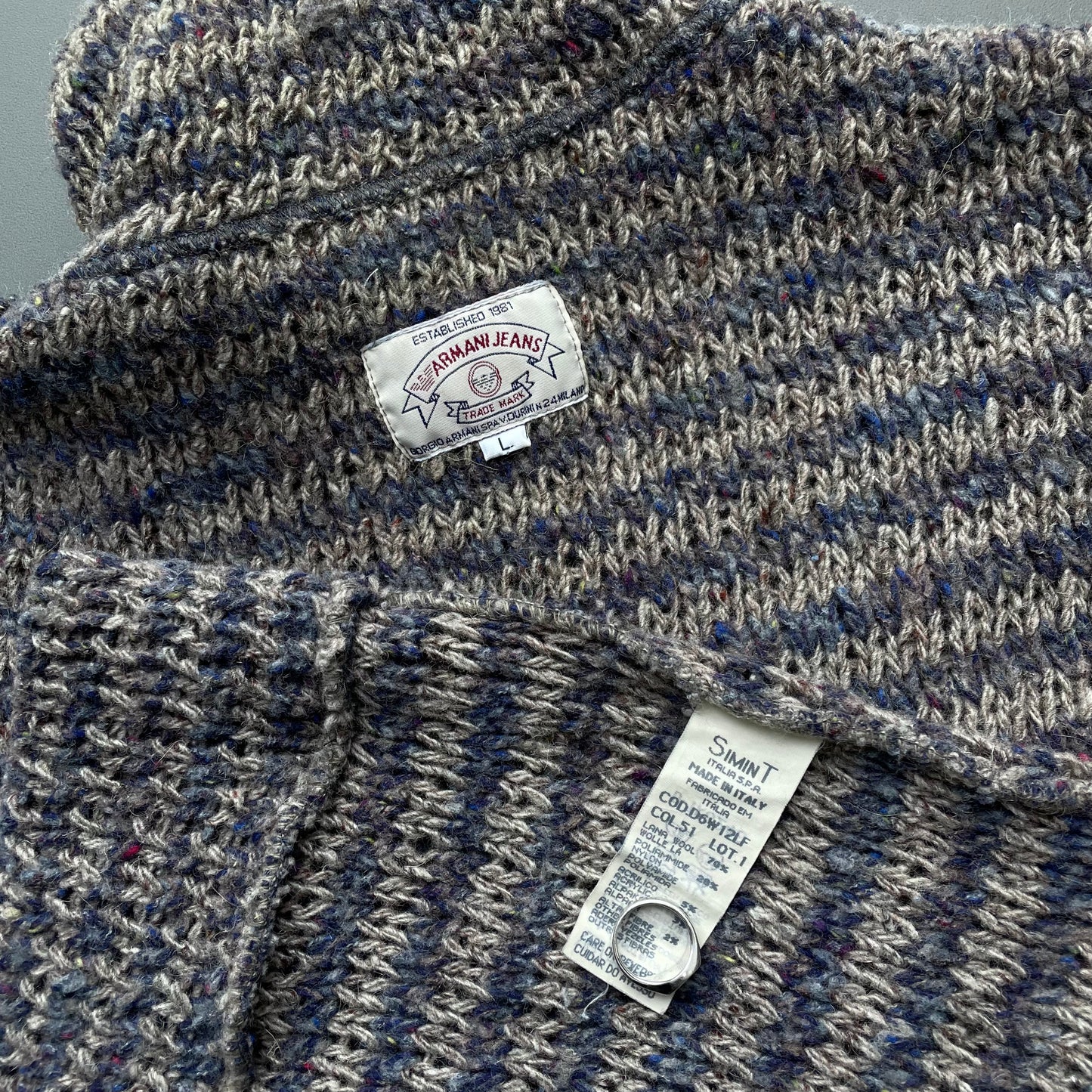 Armani Jeans Grey & Navy 90s Wool Knit Zip-Collar Jumper