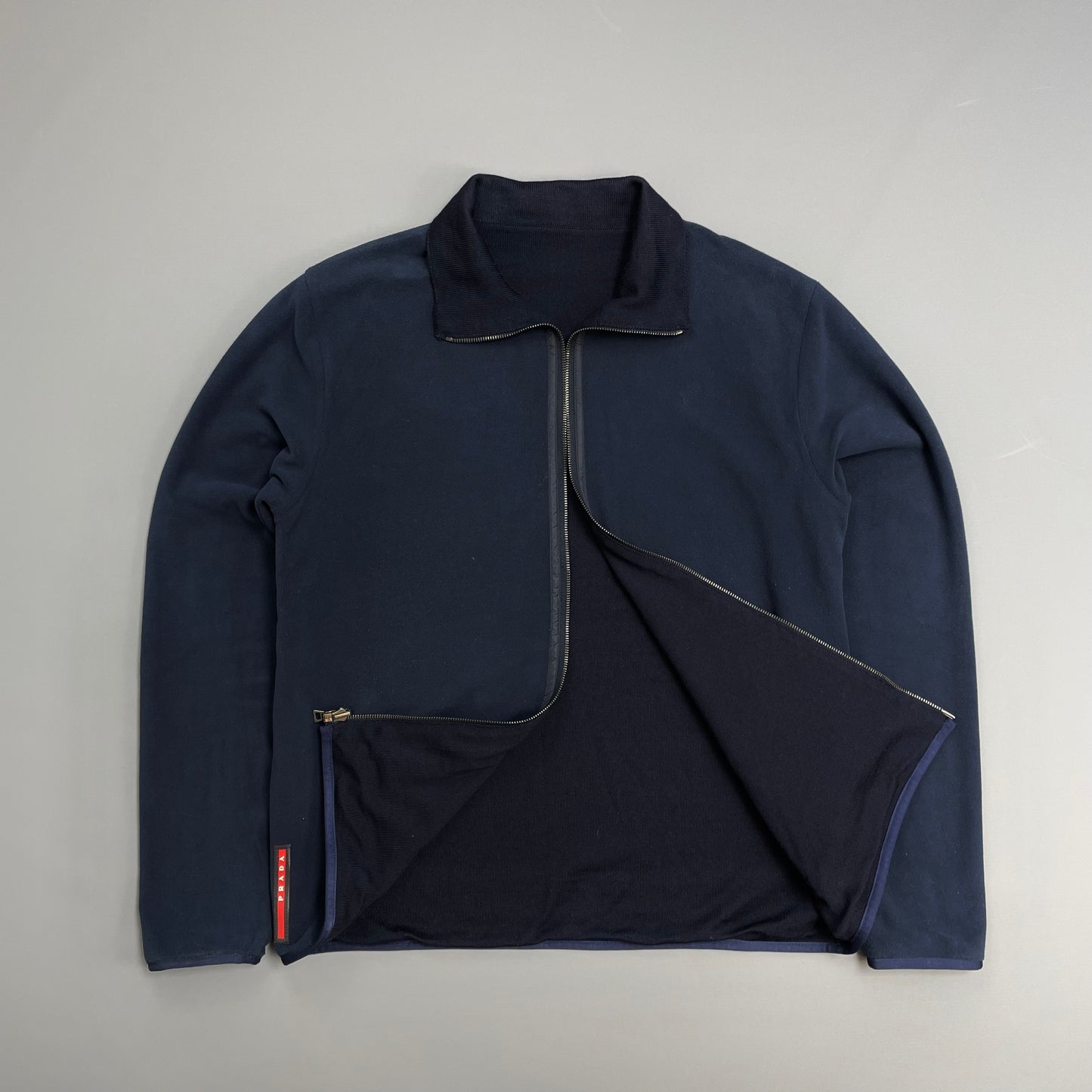 Prada Sport Navy Blue 2012 Reversible Fleece & Wool Knit Zip Cardigan Jacket