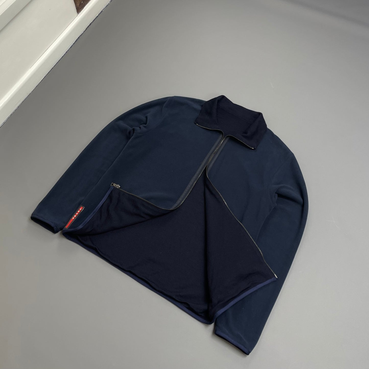 Prada Sport Navy Blue 2012 Reversible Fleece & Wool Knit Zip Cardigan Jacket