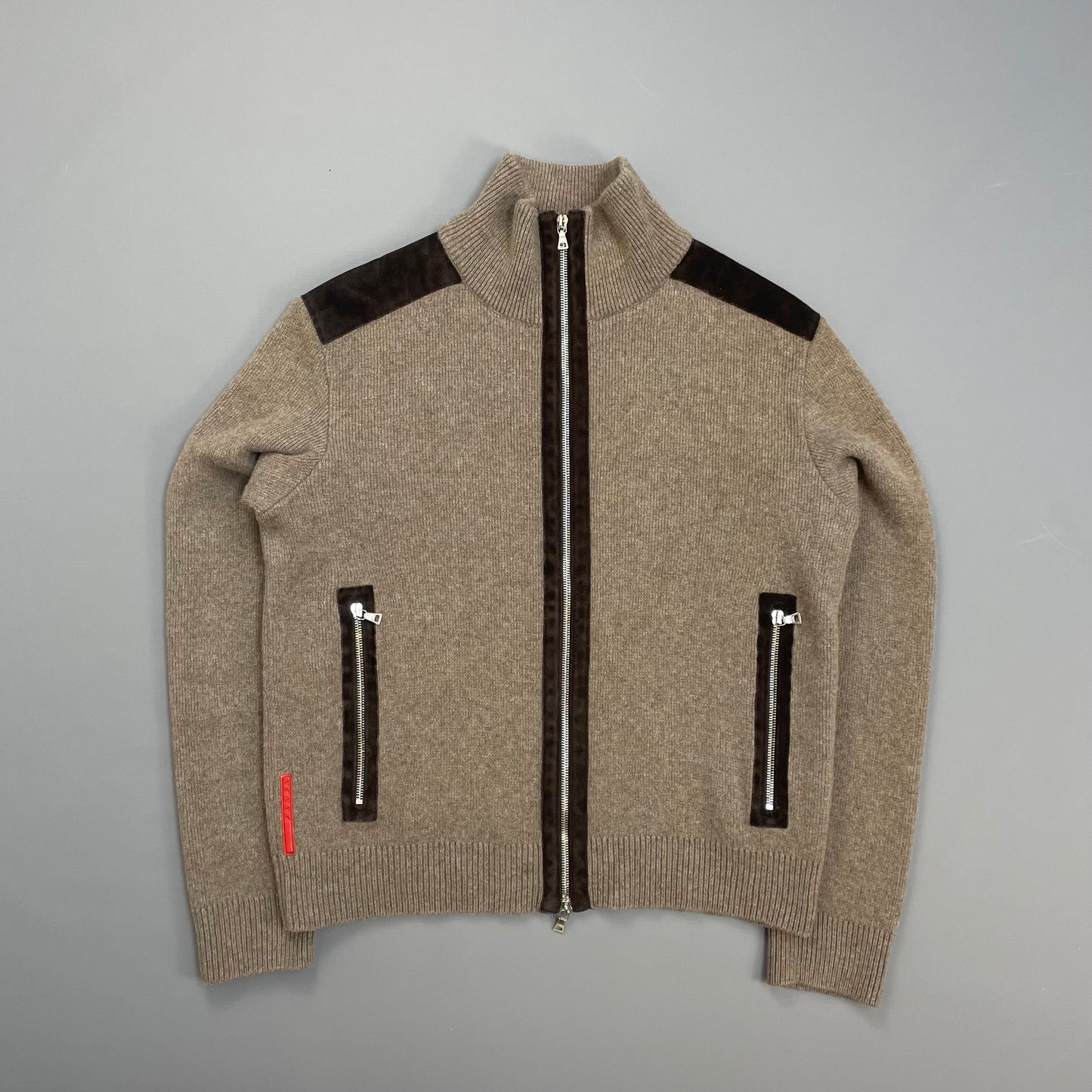 Prada Sport Brown 2012 Leather Suede Wool Knit Zip Cardigan Jacket