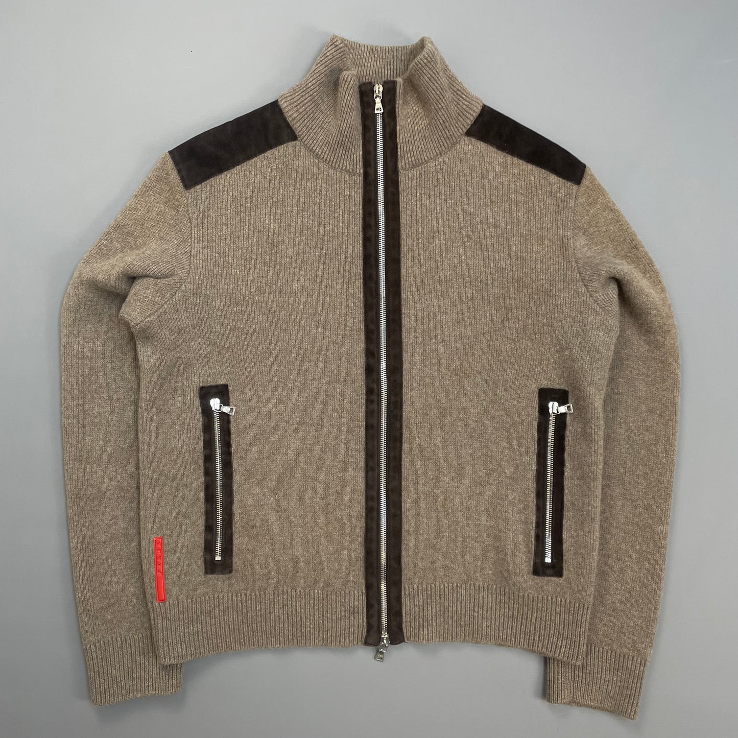 Prada Sport Brown 2012 Leather Suede Wool Knit Zip Cardigan Jacket