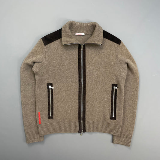 Prada Sport Brown 2012 Leather Suede Wool Knit Zip Cardigan Jacket