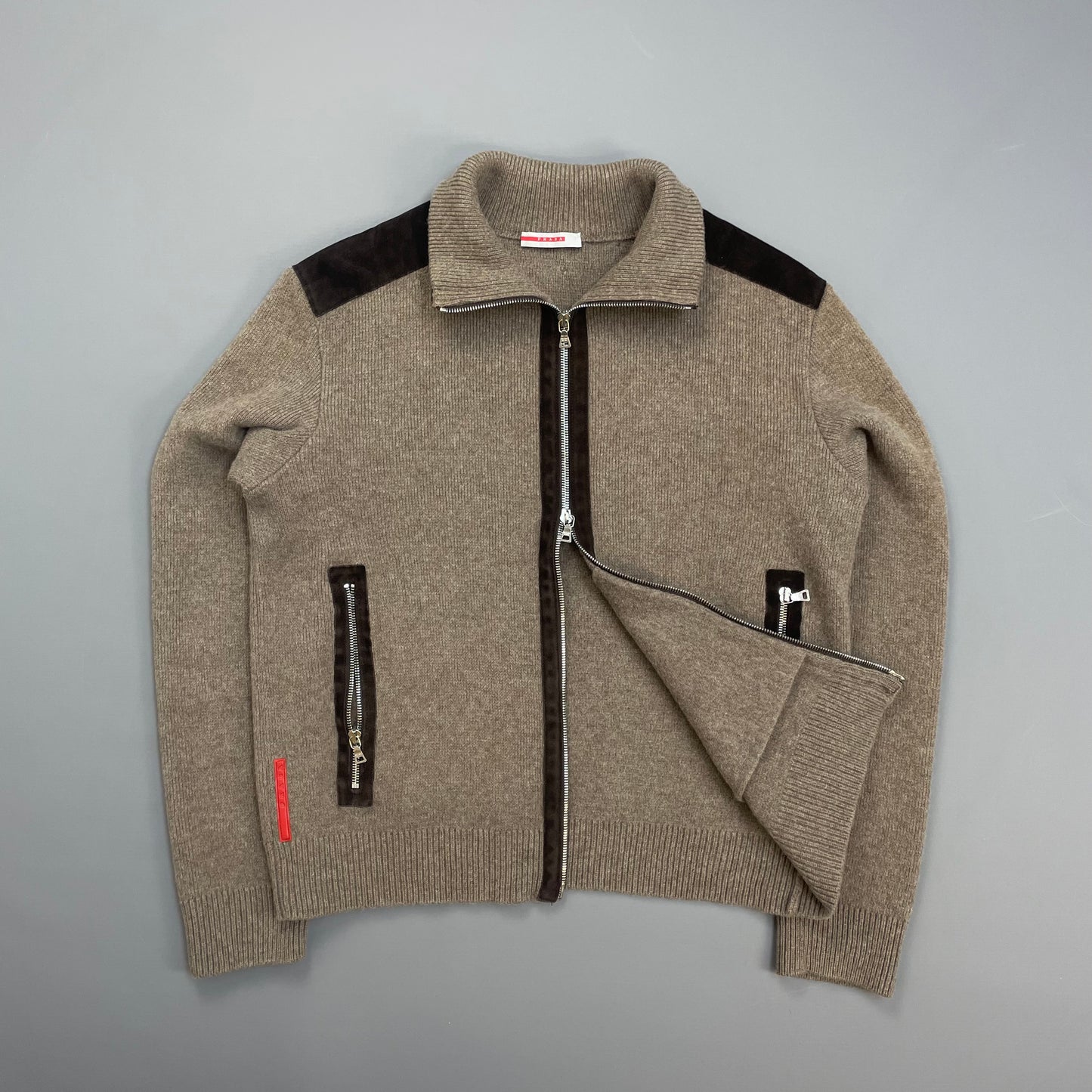 Prada Sport Brown 2012 Leather Suede Wool Knit Zip Cardigan Jacket