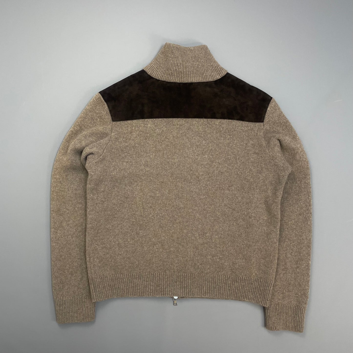Prada Sport Brown 2012 Leather Suede Wool Knit Zip Cardigan Jacket