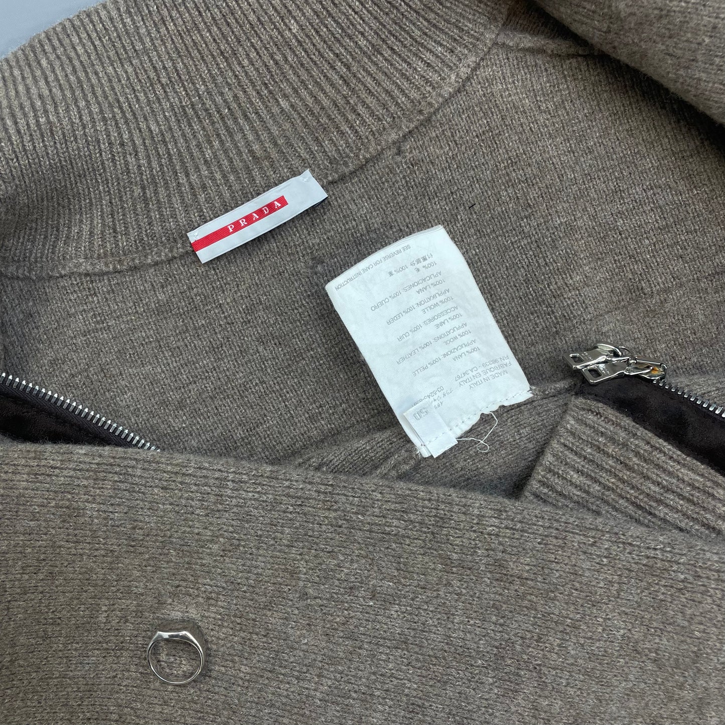 Prada Sport Brown 2012 Leather Suede Wool Knit Zip Cardigan Jacket