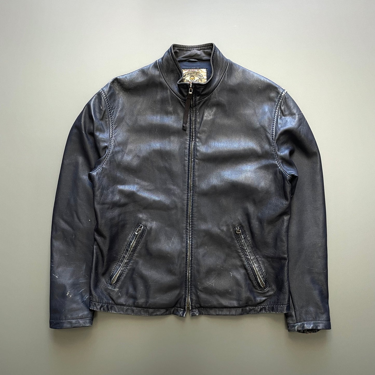Armani Jeans Navy 90s Technical Leather Biker Jacket