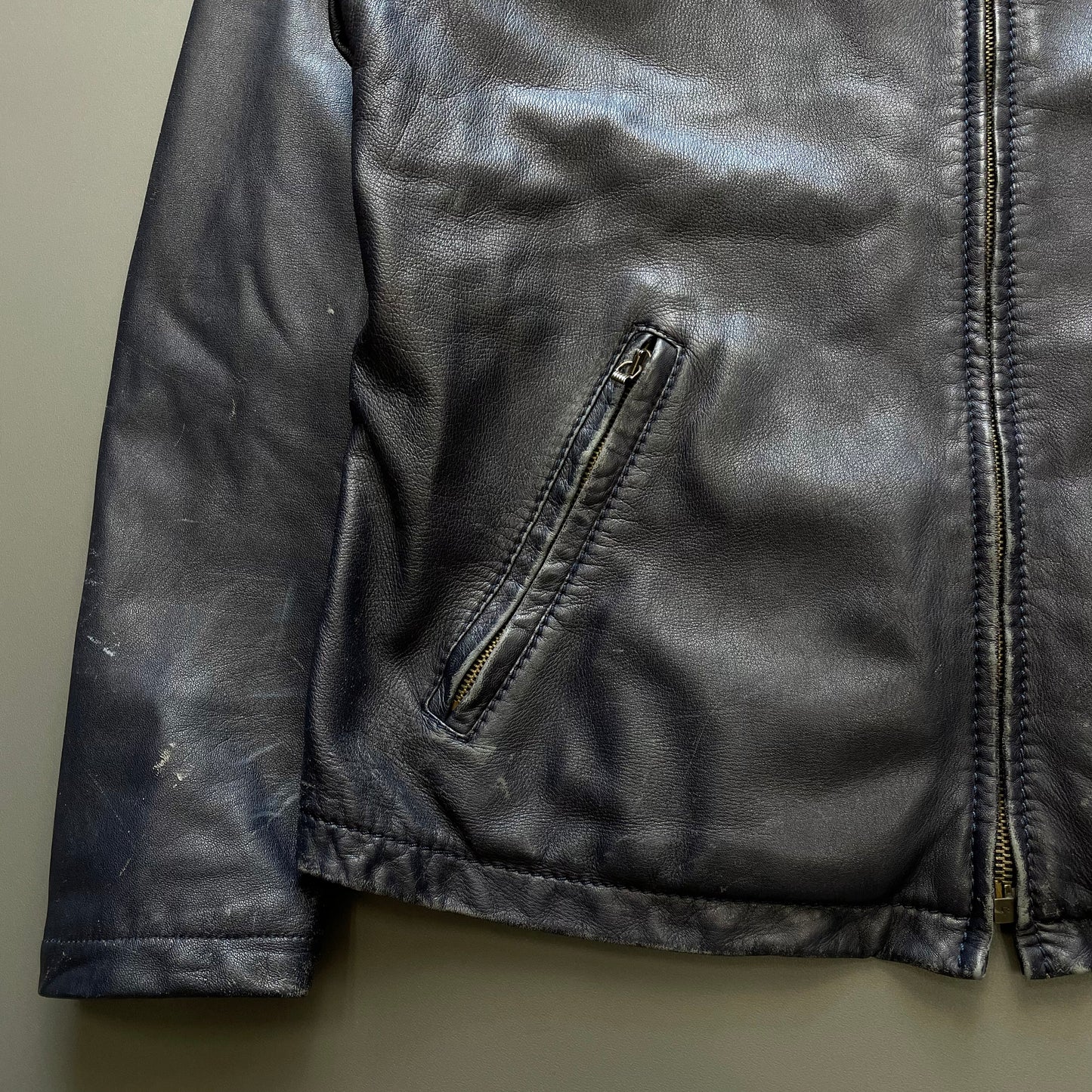 Armani Jeans Navy 90s Technical Leather Biker Jacket