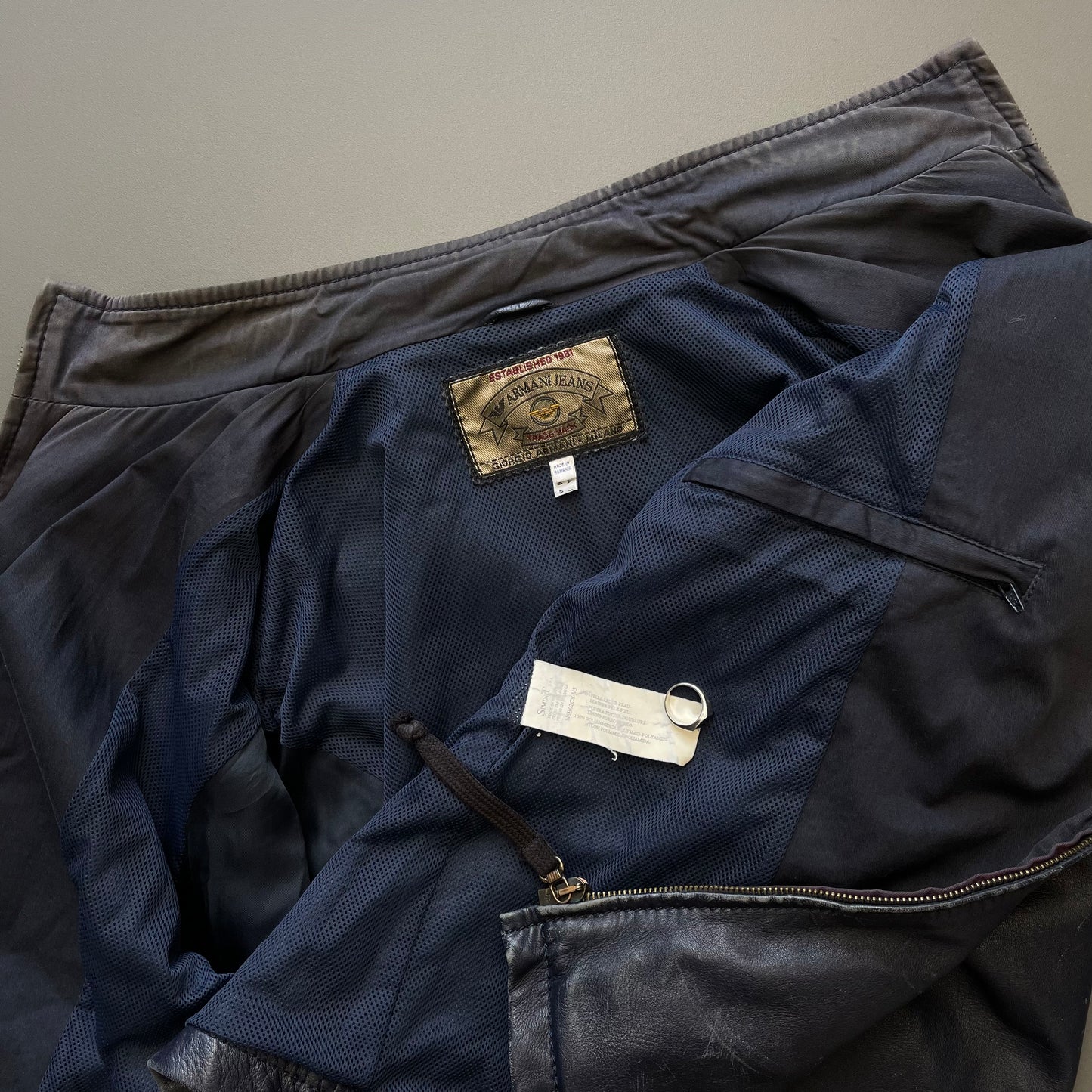 Armani Jeans Navy 90s Technical Leather Biker Jacket
