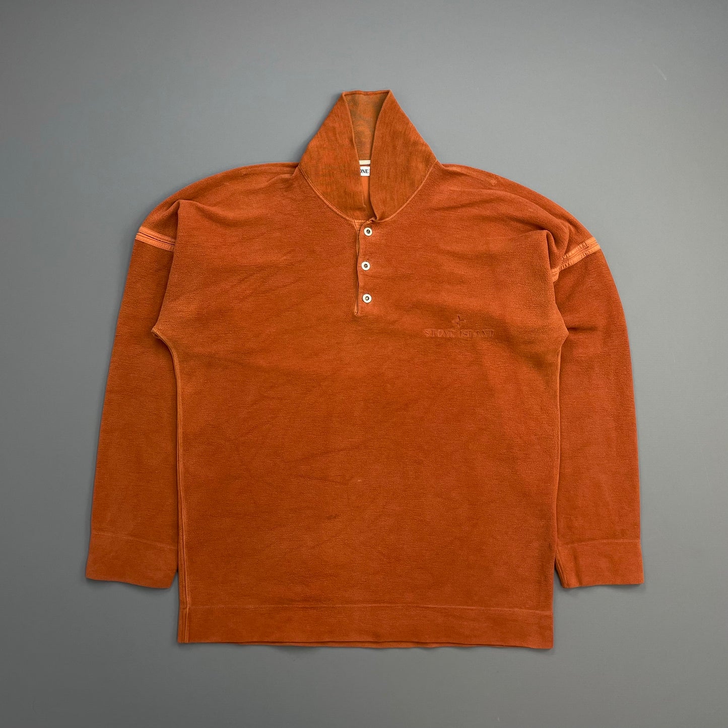 Stone Island Orange 80s Silver Button-Up Collared Spellout Jumper