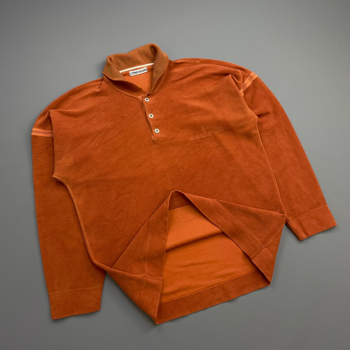 Stone Island Orange 80s Silver Button-Up Collared Spellout Jumper