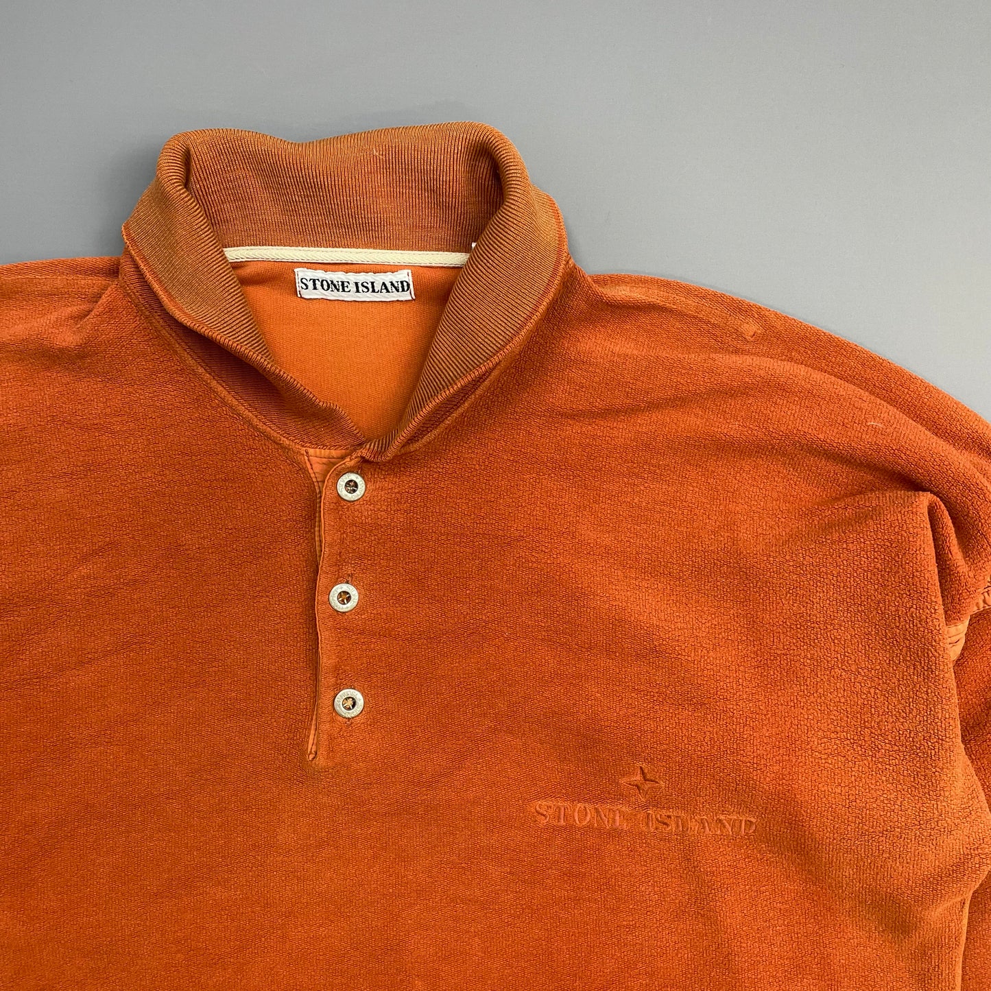 Stone Island Orange 80s Silver Button-Up Collared Spellout Jumper