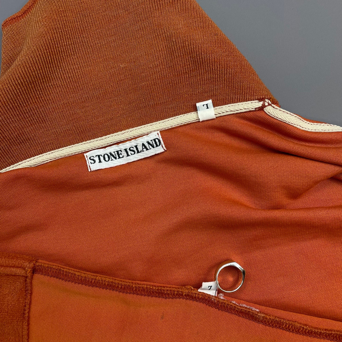 Stone Island Orange 80s Silver Button-Up Collared Spellout Jumper