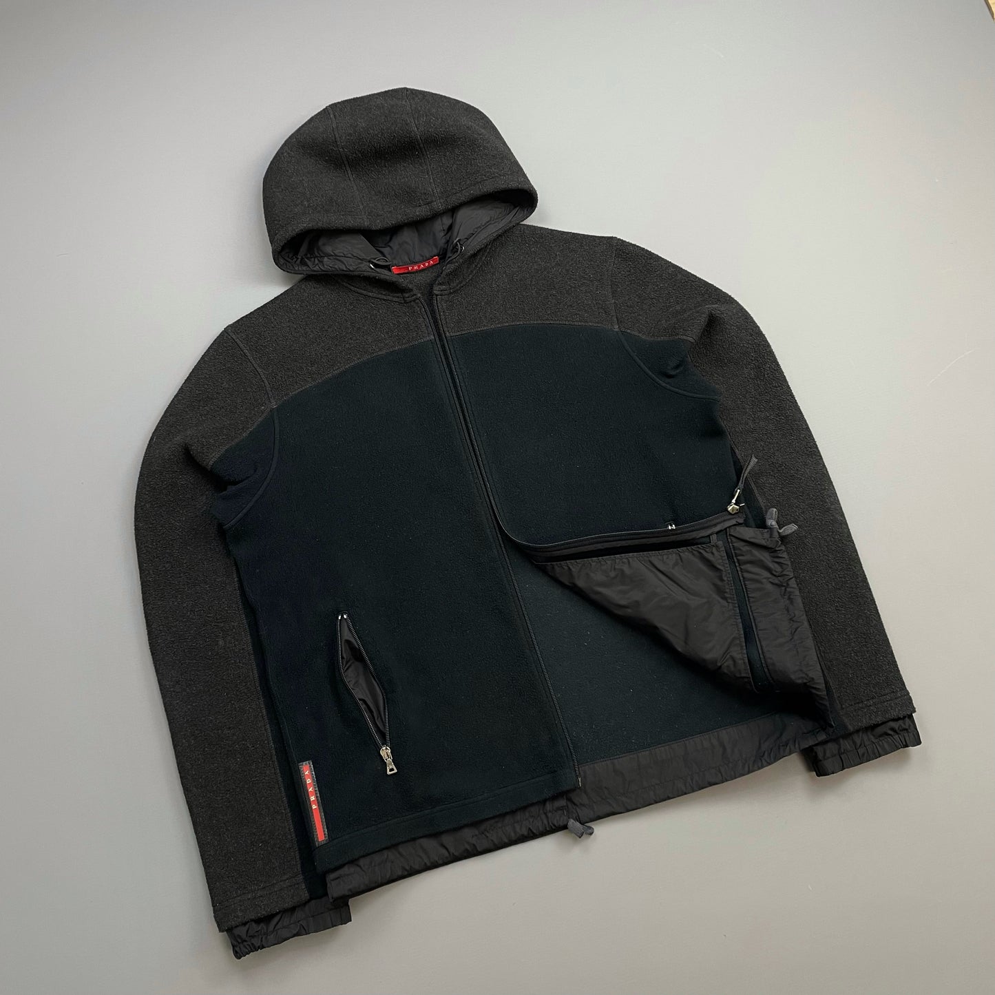 Prada Sport Black & Grey 00s Nylon & Fleece Hooded Jacket
