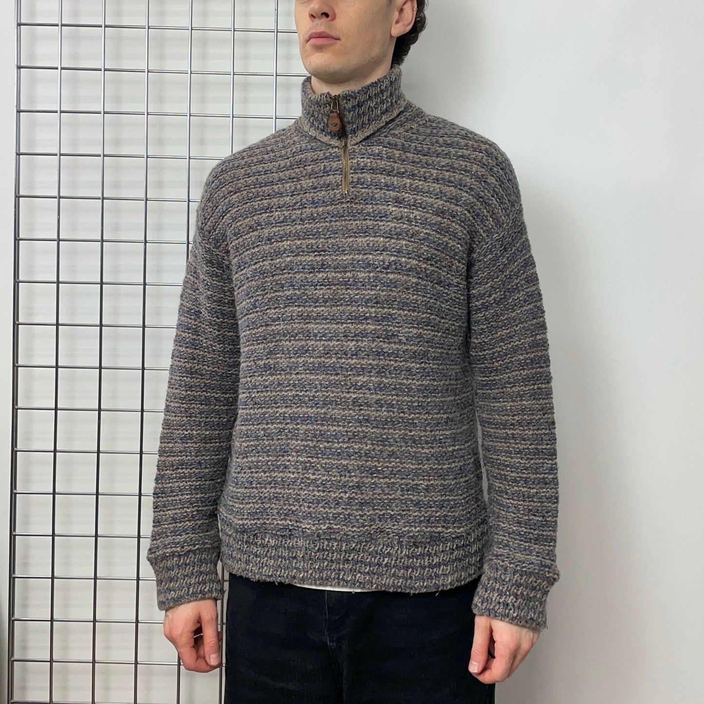 Armani Jeans Grey & Navy 90s Wool Knit Zip-Collar Jumper