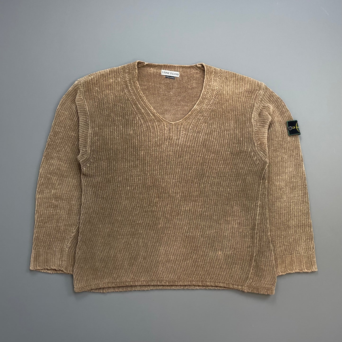 Stone Island Brown AW98 Chenille Knit Scoop Neck Green Edge Badge Jumper