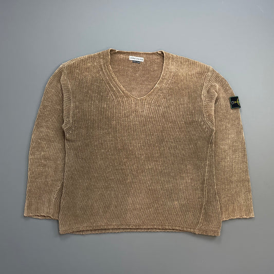 Stone Island Brown AW98 Chenille Knit Scoop Neck Green Edge Badge Jumper