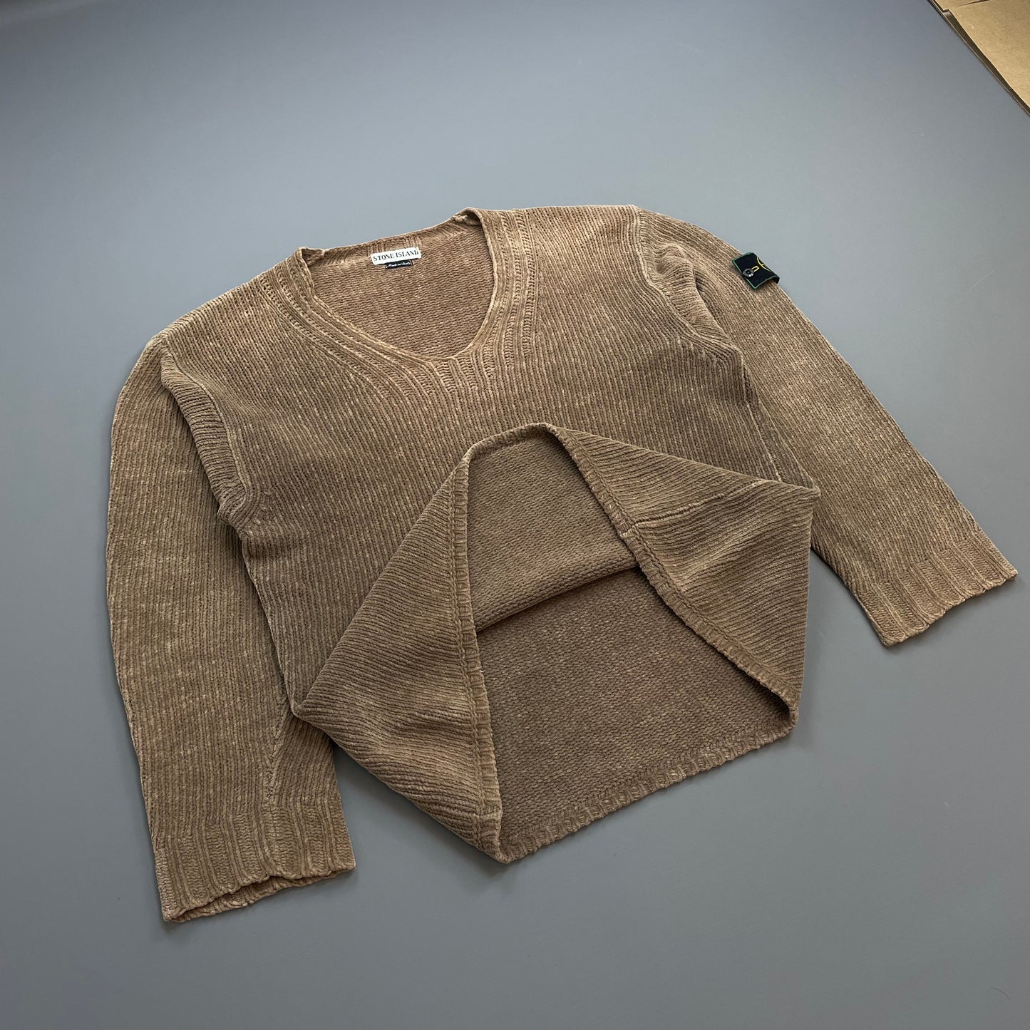Stone Island Brown AW98 Chenille Knit Scoop Neck Green Edge Badge Jumper
