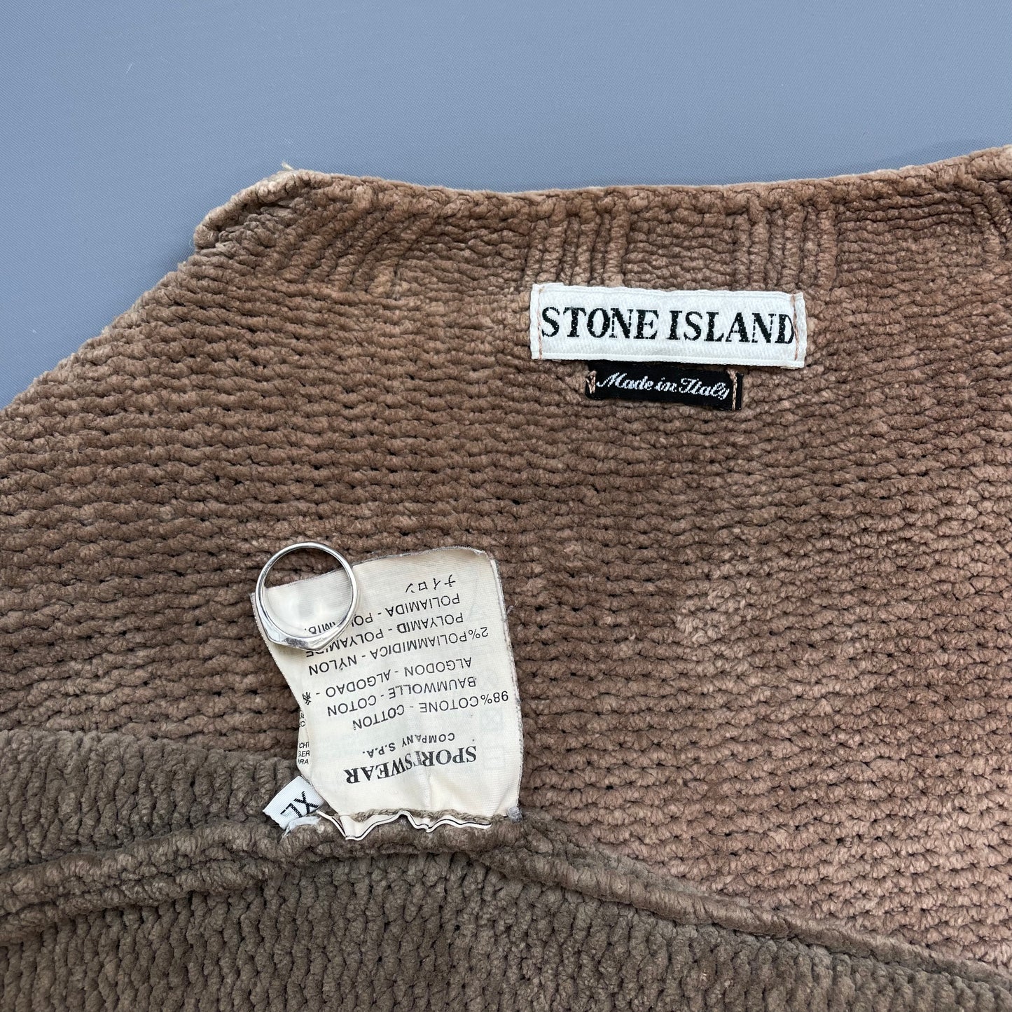 Stone Island Brown AW98 Chenille Knit Scoop Neck Green Edge Badge Jumper
