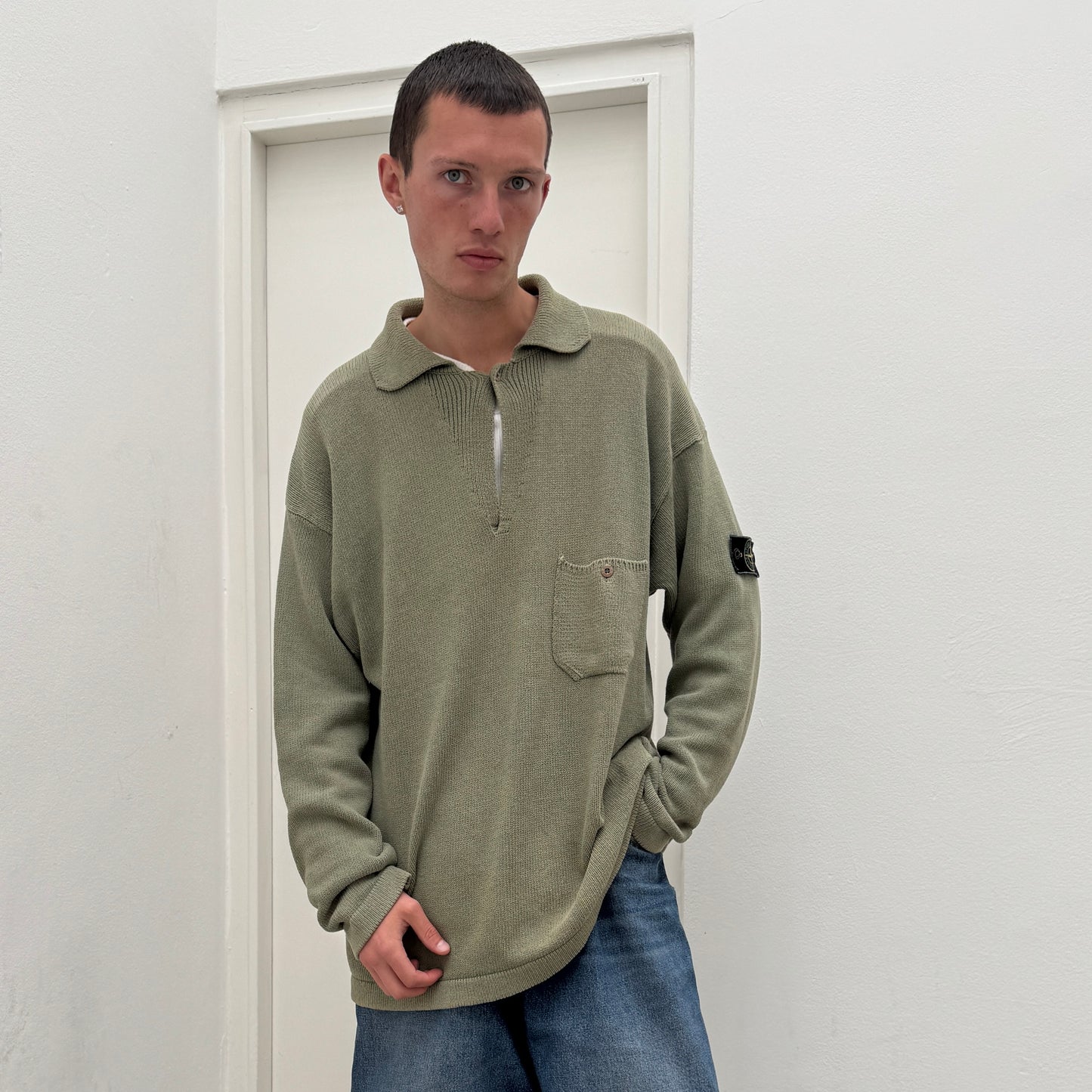 Stone Island Green SS97 Collared Green Edge Badge Knit Jumper