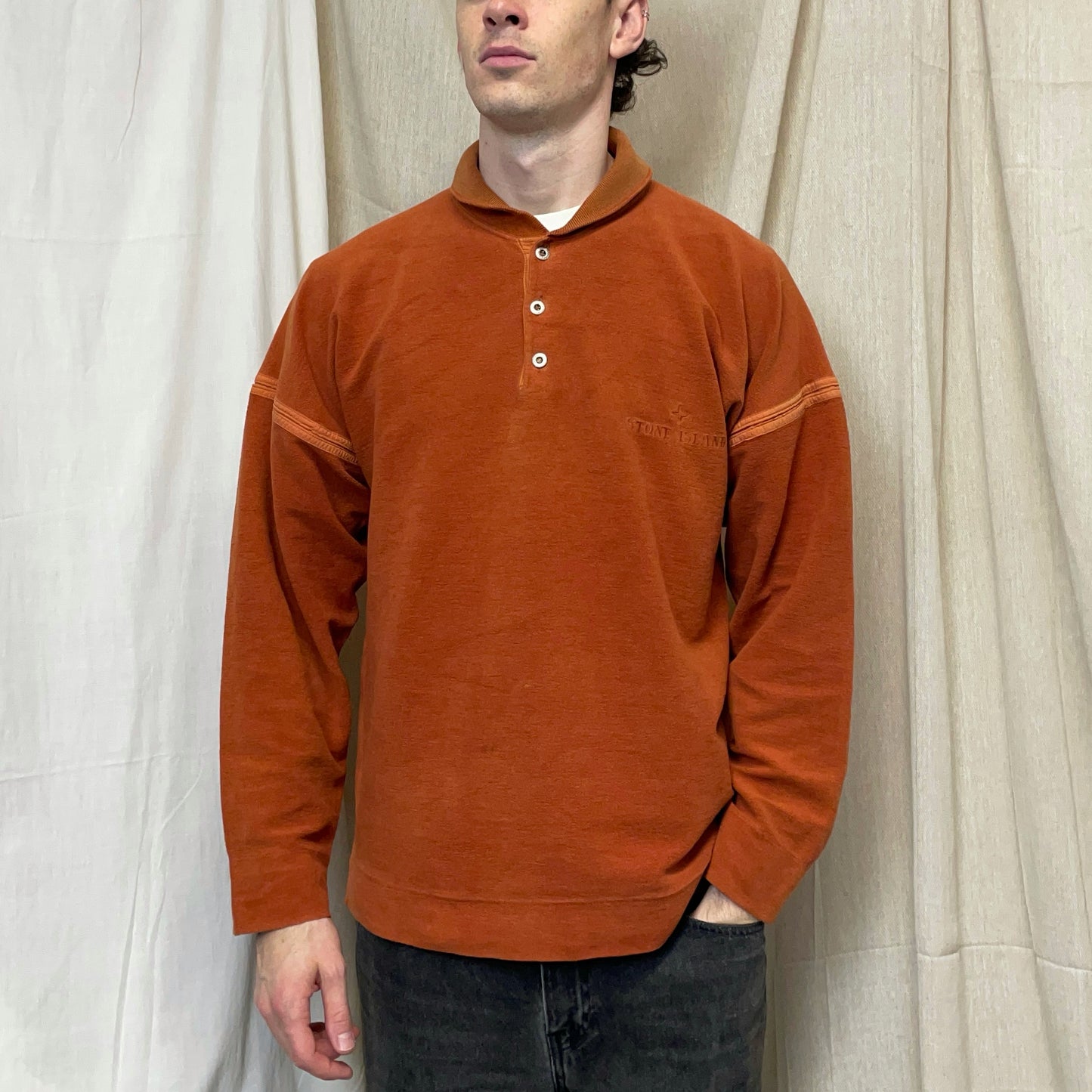 Stone Island Orange 80s Silver Button-Up Collared Spellout Jumper